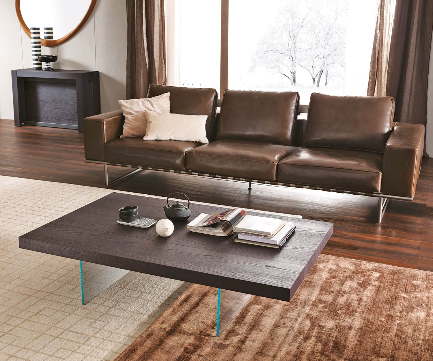 design coffee table oak brown glass base floatingAL2