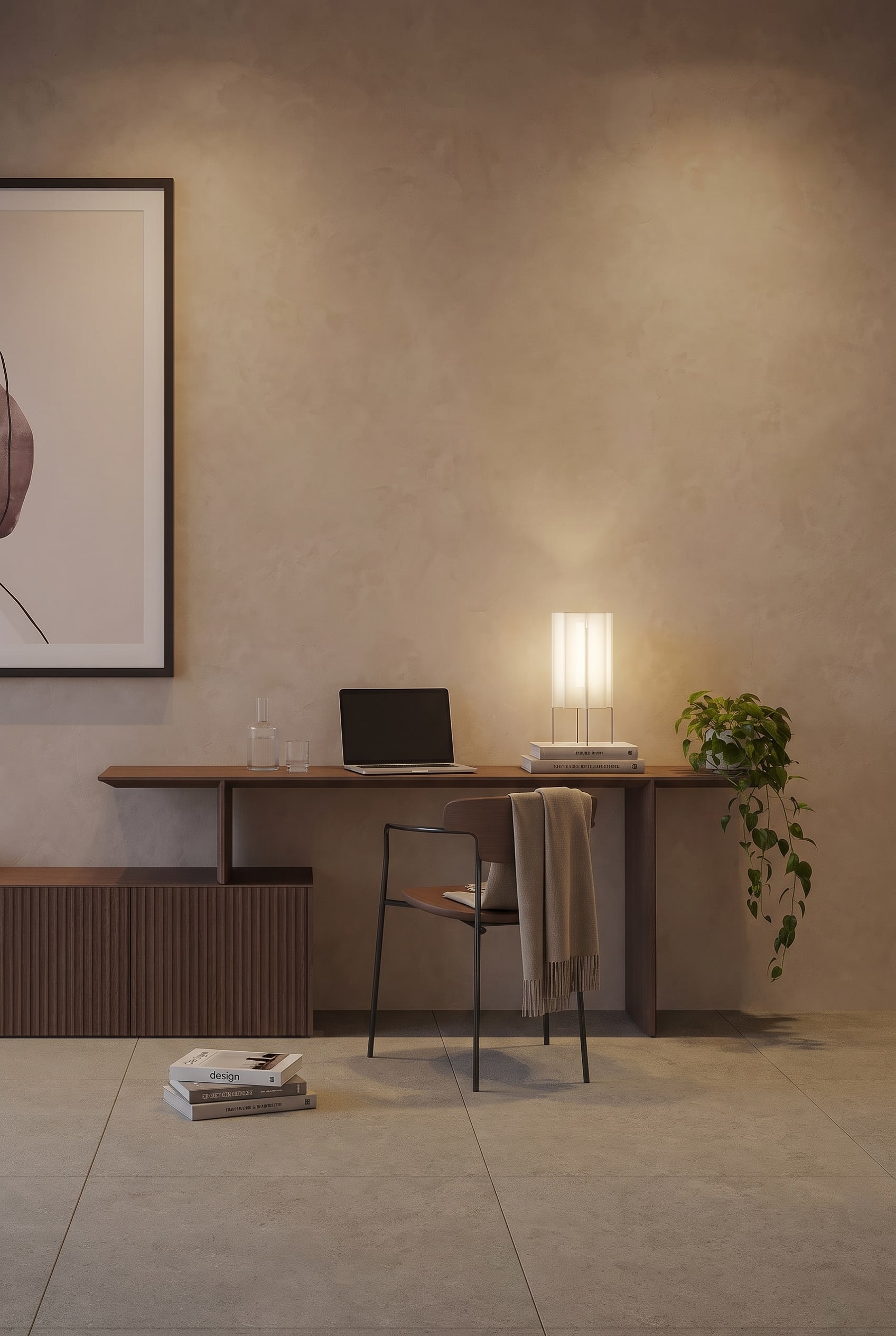 Un coin lecture confortable le soir avec un fauteuil et un lampadaire &agrave; lumi&egrave;re douce, qui cr&eacute;e un &icirc;lot de lumi&egrave;re chaude.