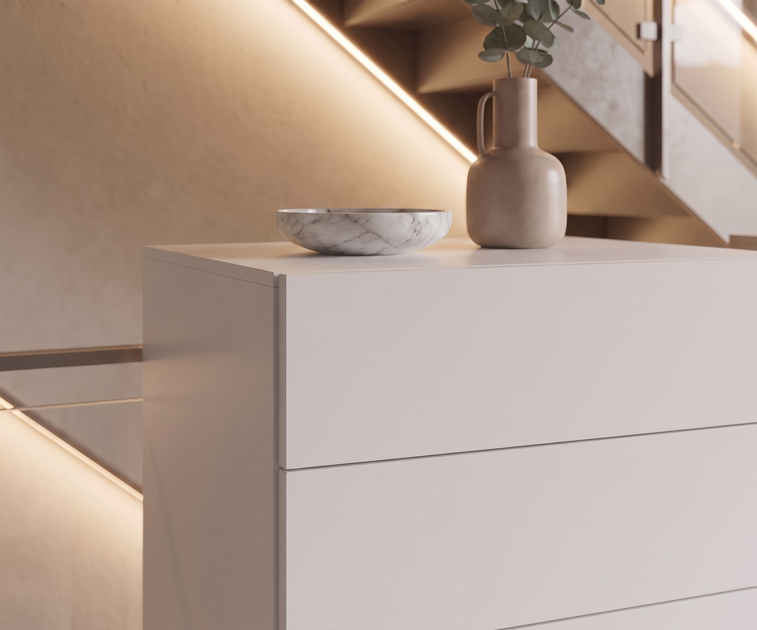 Easy tall chest of drawers with 6 drawers in white Novamobili Easy tall chest of drawers in a hallway. Modern white 6-drawer chest without handles near a staircase.