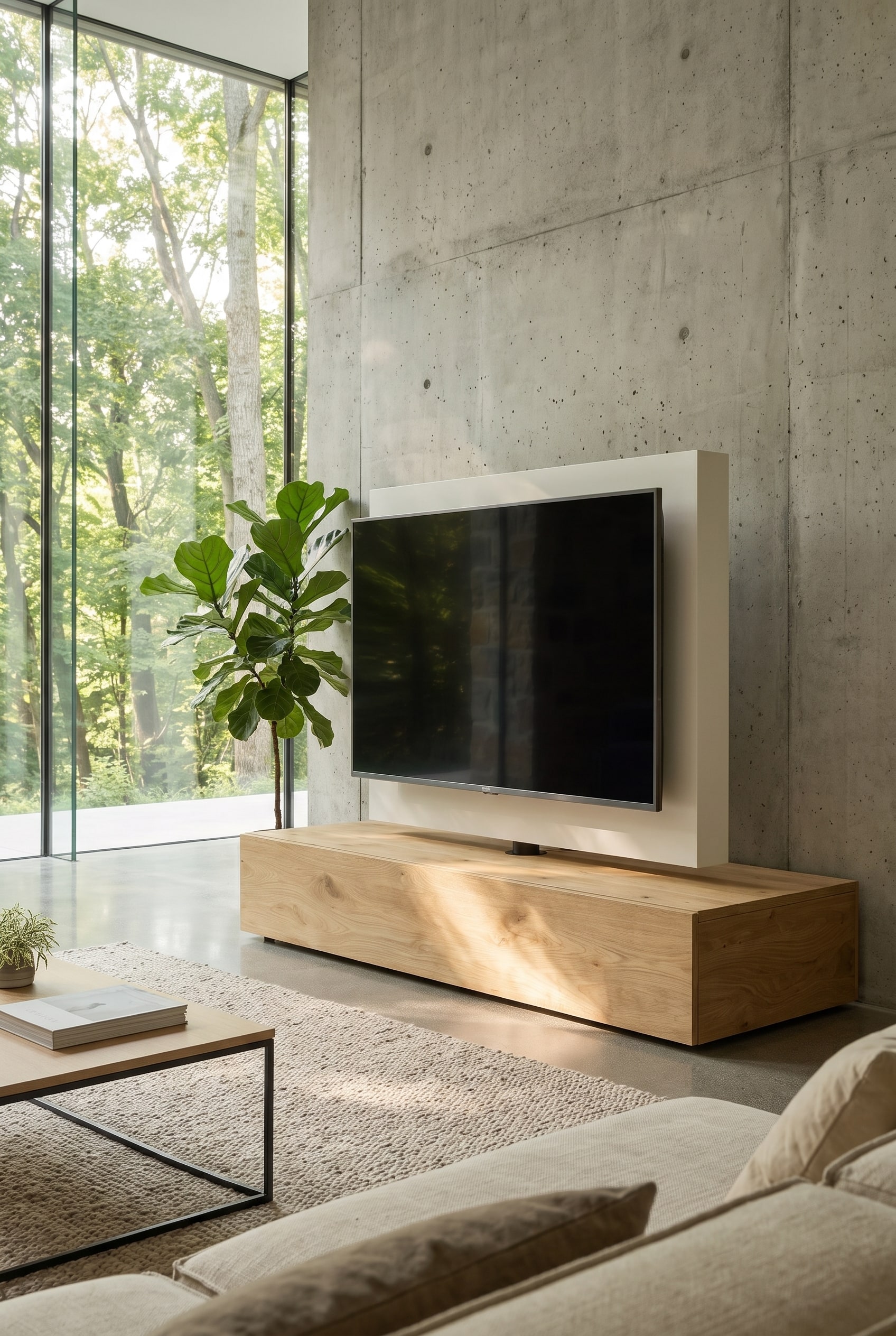 Een licht Livitalia Roto Lowboard van essenhout als elegante ruimteverdeler met een vrijstaand, draaibaar tv-paneel in een moderne, puristische woonkamer.