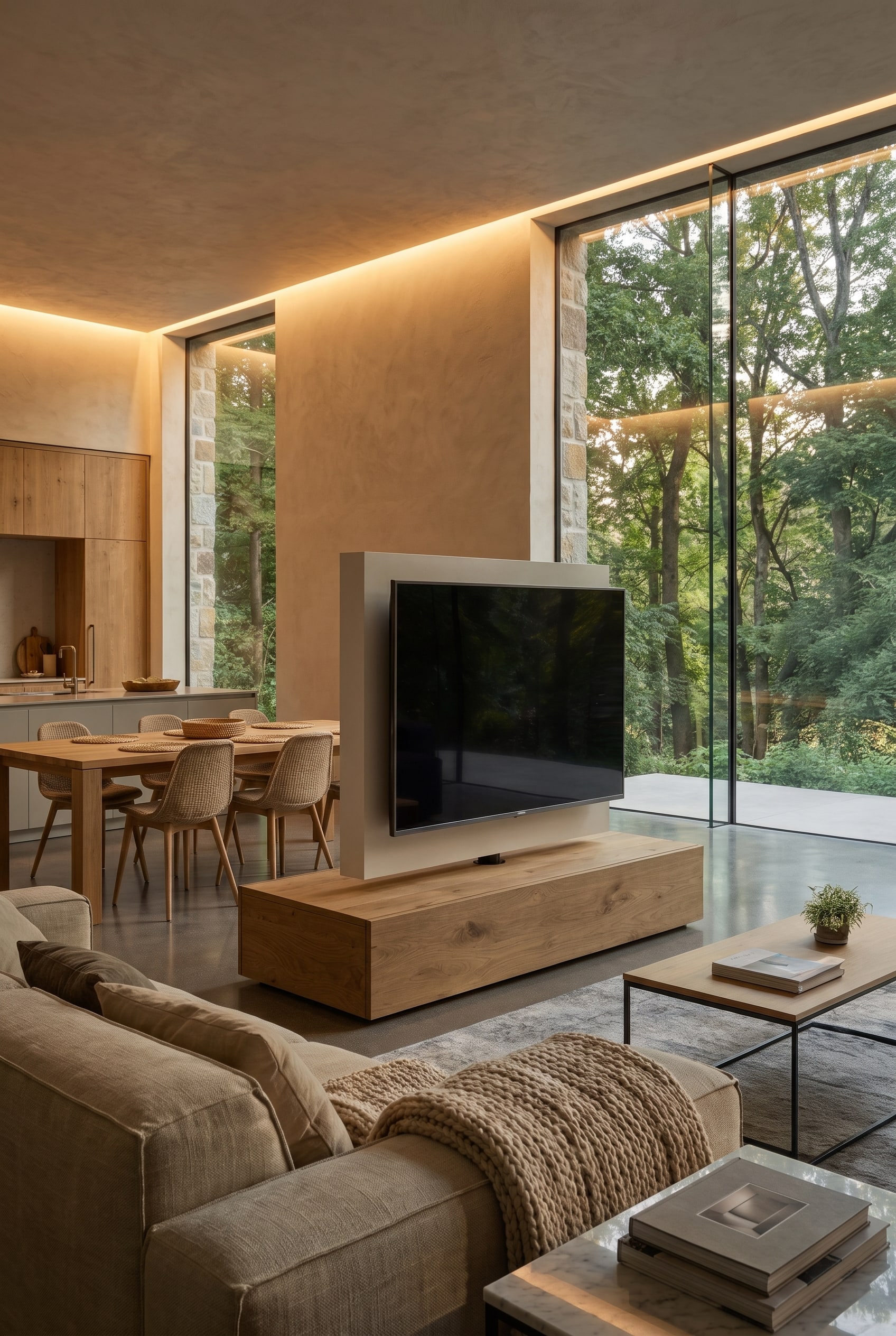 Salon moderne avec le Livitalia Roto Lowboard et le séparateur de pièce TV, qui sert de meuble d'ancrage central pour différents styles d'aménagement intérieur.
