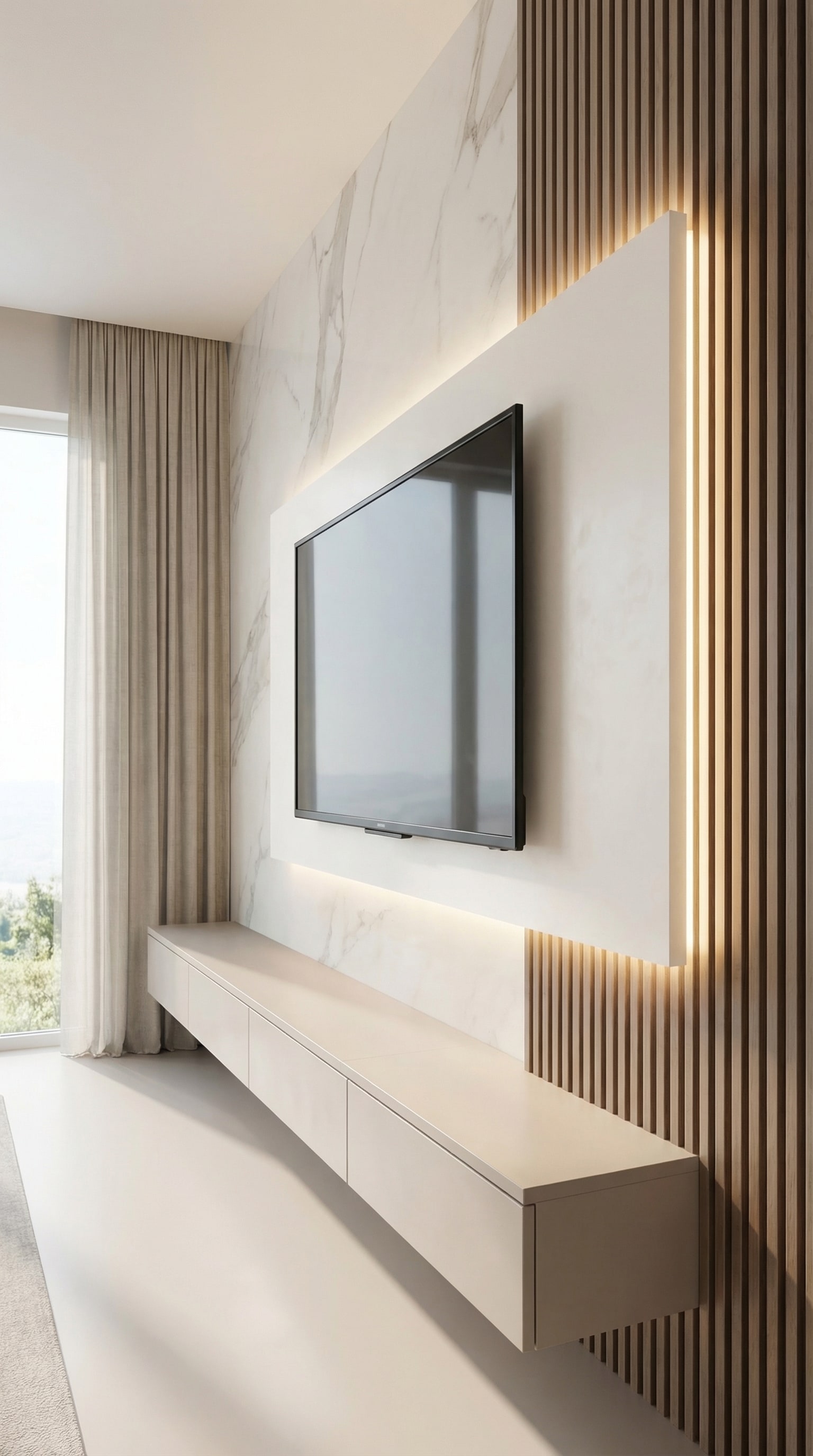 An elegant TV wall panel with indirect lighting