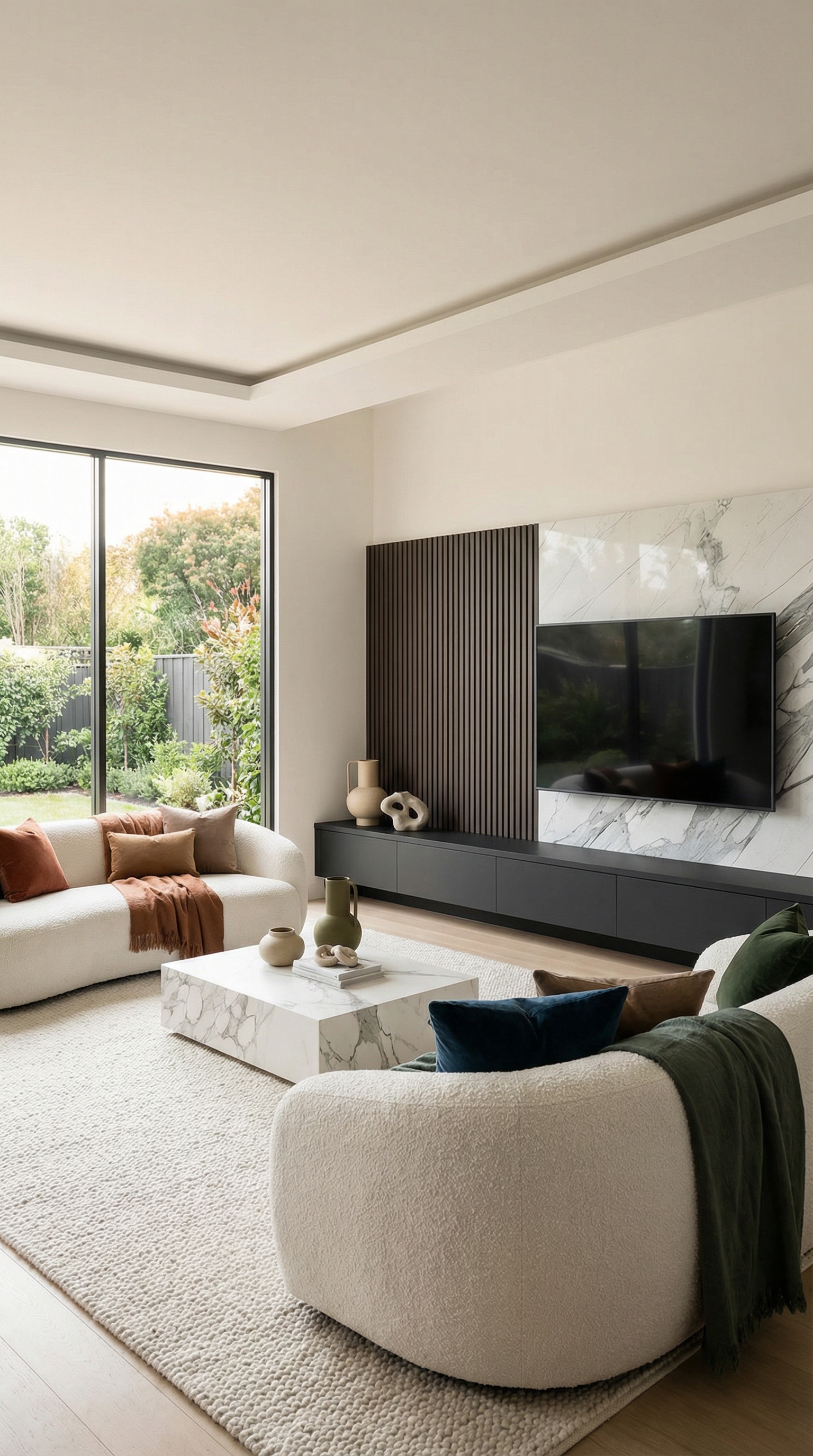 Helle Wohnwand mit Marmorpaneel in minimalistischem wei&szlig;en Wohnzimmer