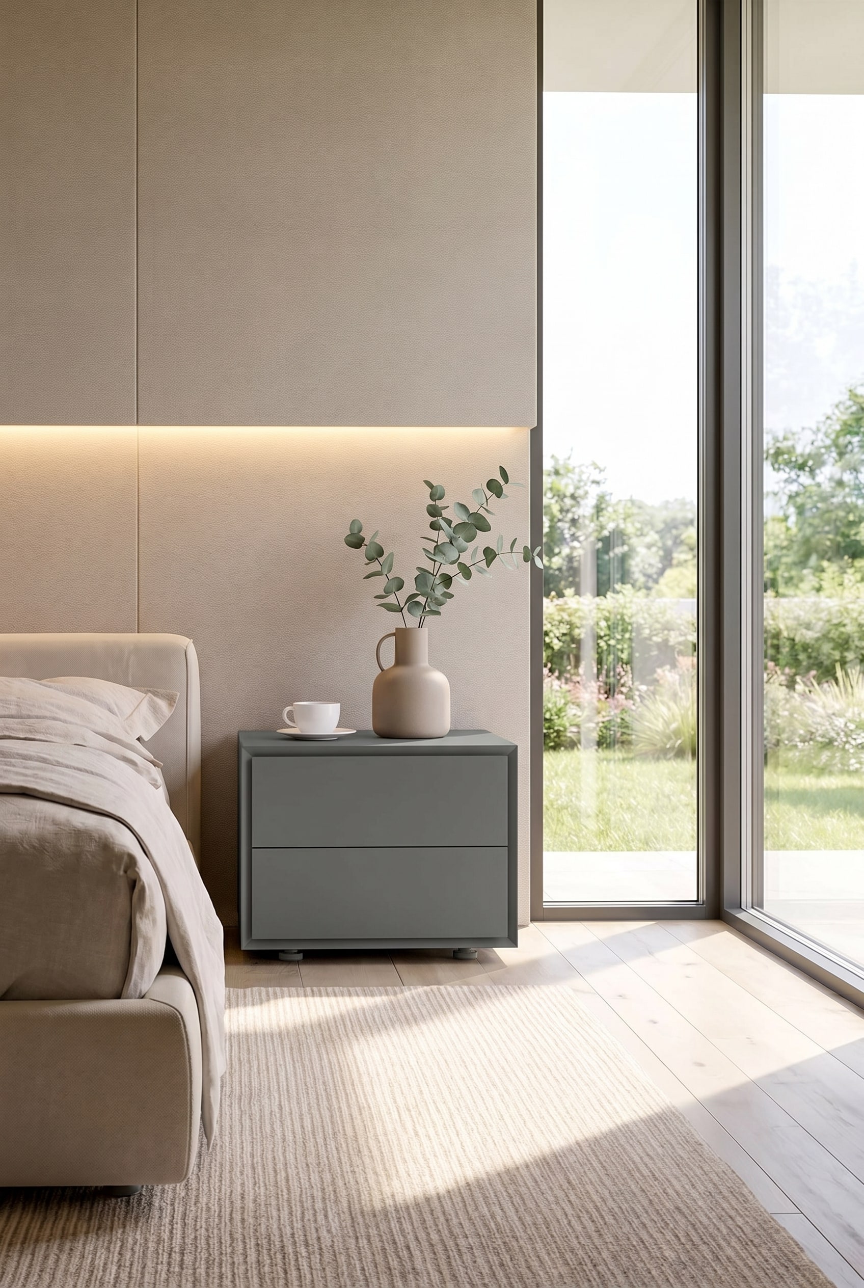 Minimalist bedroom with an angular, grey nightstand, a designer vase on top, with indirect wall lighting