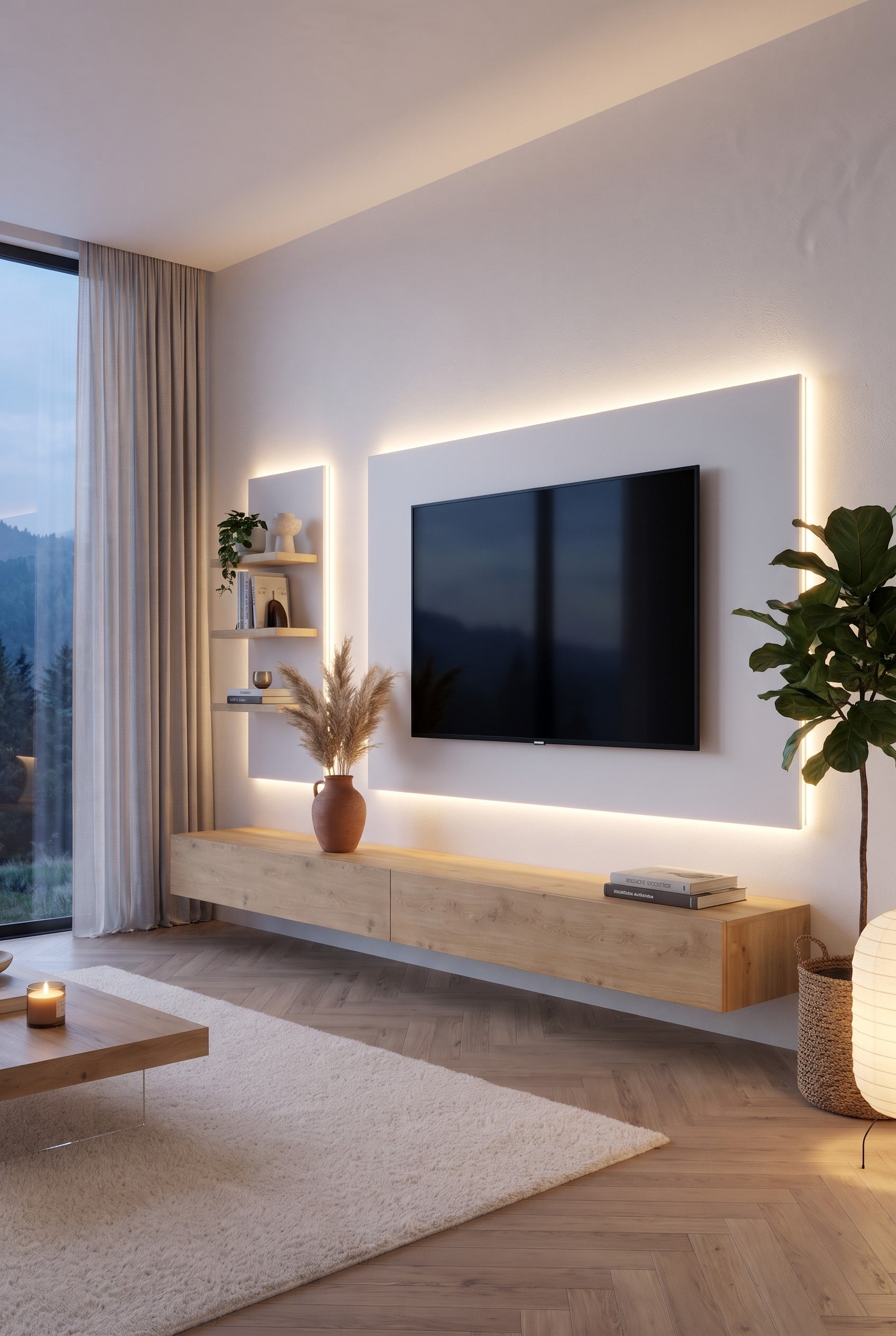 Detailaanzicht van de Livitalia woonwand C110: Focus op het zwevende knoestig eiken lowboard en het wandpaneel met open planken naast het witte tv-paneel.