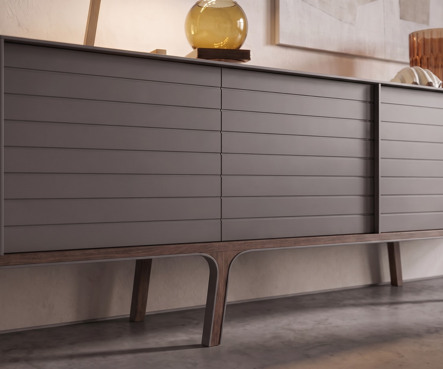 Matt grey al2 Mobius 002 designer sideboard with wooden base al2 Mobius 002 sideboard for the living room, featuring a matt grey grooved front and solid wooden legs.