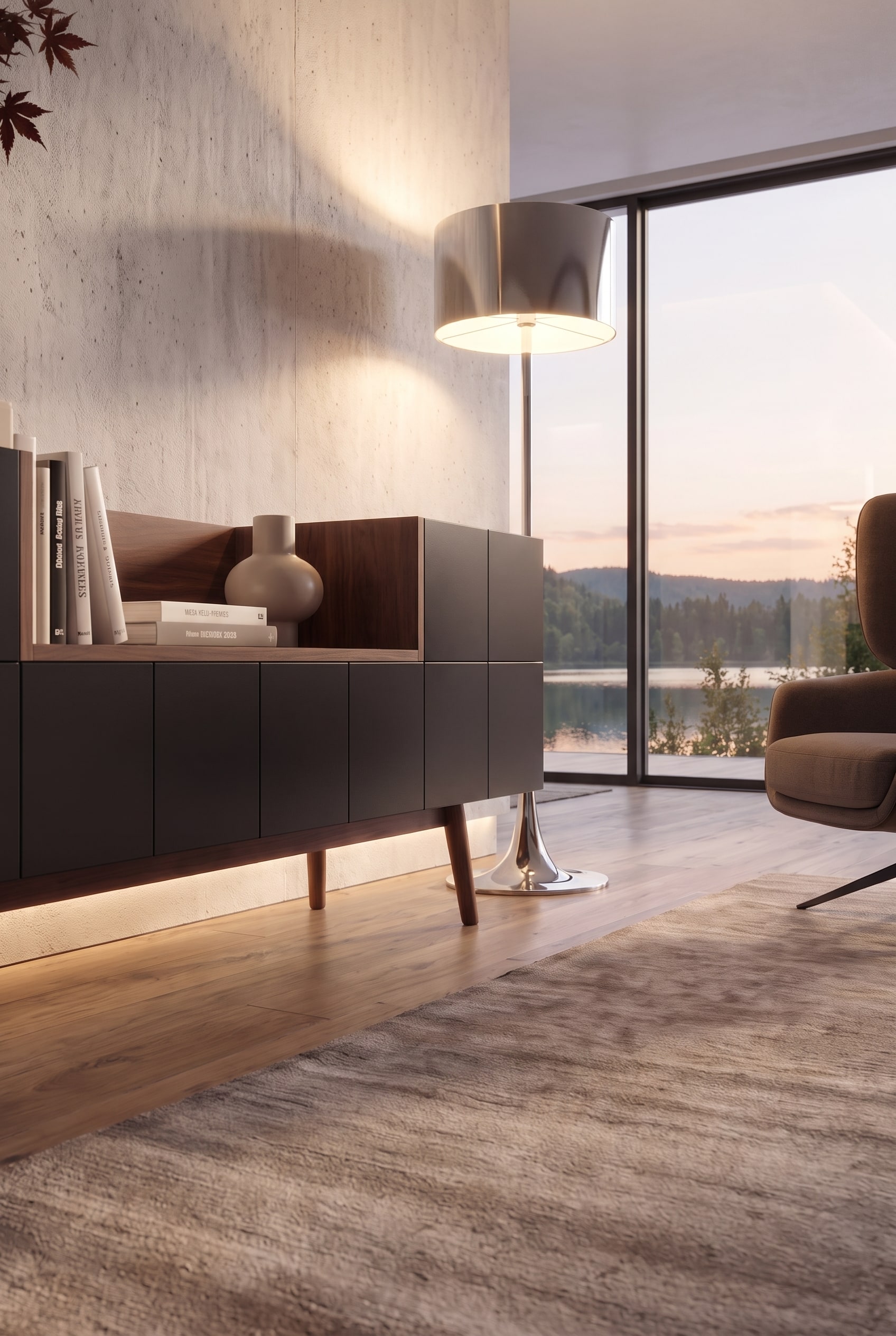 Halftotaal van het donkere dressoir naast een glanzende chromen vloerlamp en een bruine gestoffeerde fauteuil voor een groot raam.