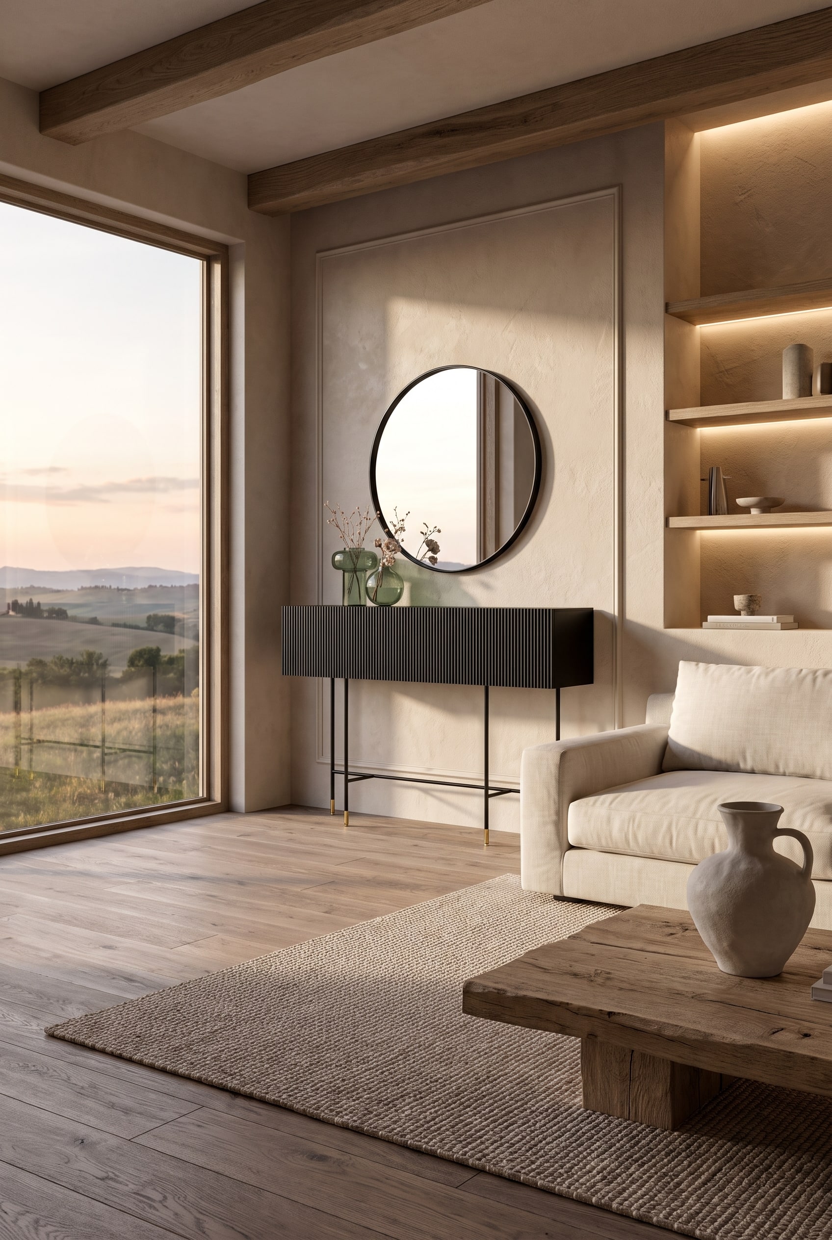 Ein elegantes Capo d'Opera Aero Bar Sideboard mit wellenförmiger Front in einem modernen Landhaus-Wohnzimmer, minimalistisch dekoriert mit einer skulpturalen Vase.