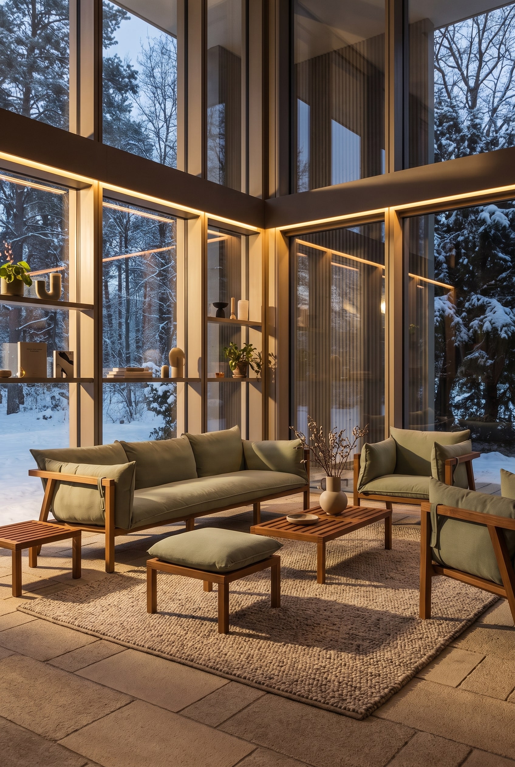 Hoogwaardige loungegroep van massief teakhout met lichtgroene kussens in een serre. Warme zonnestralen vallen op de levendige houtnerf.