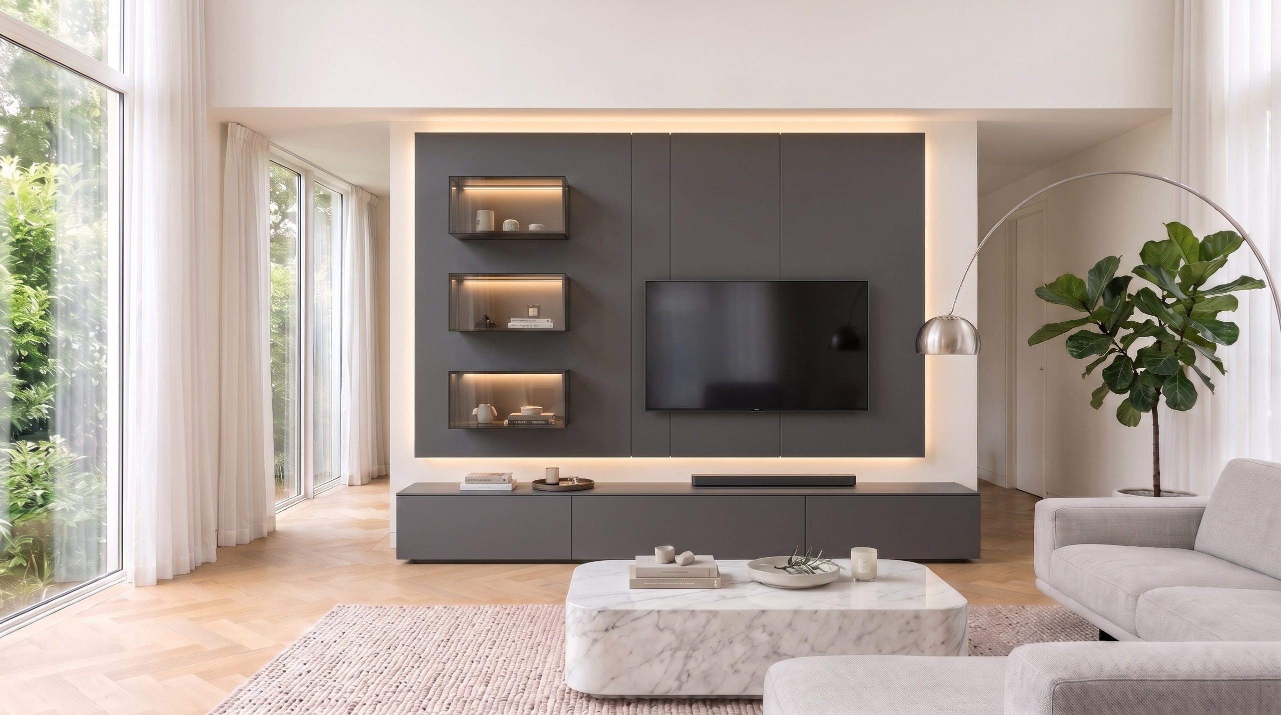 Livitalia Woonwand C100 in donkergrijs met wandhangende panelen, drie verlichte glazen planken en een vloerstaand lowboard in de lichte woonkamer