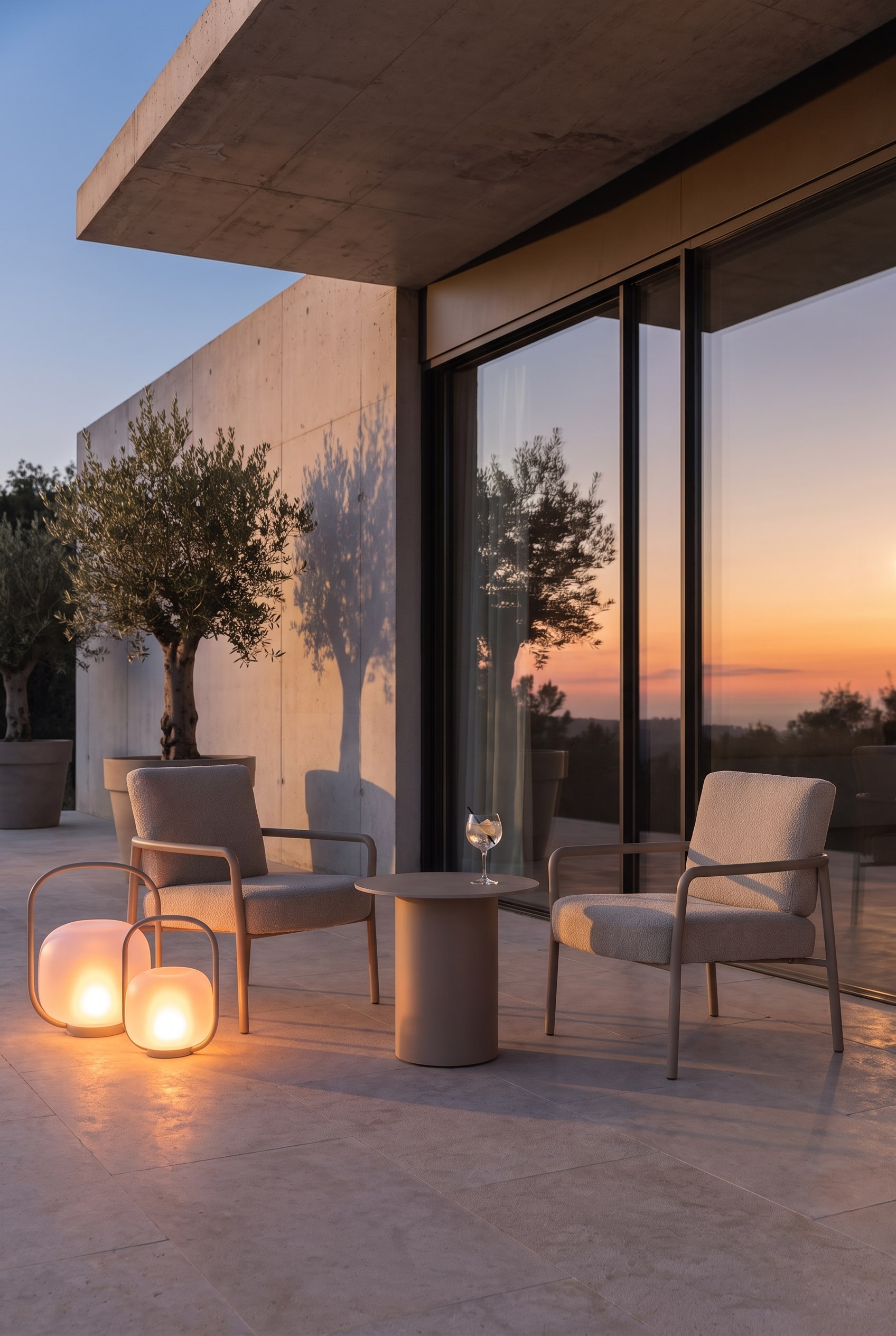 Ampia terrazza in pietra al tramonto con una poltrona da esterno beige con struttura filigranata e un tavolino minimalista
