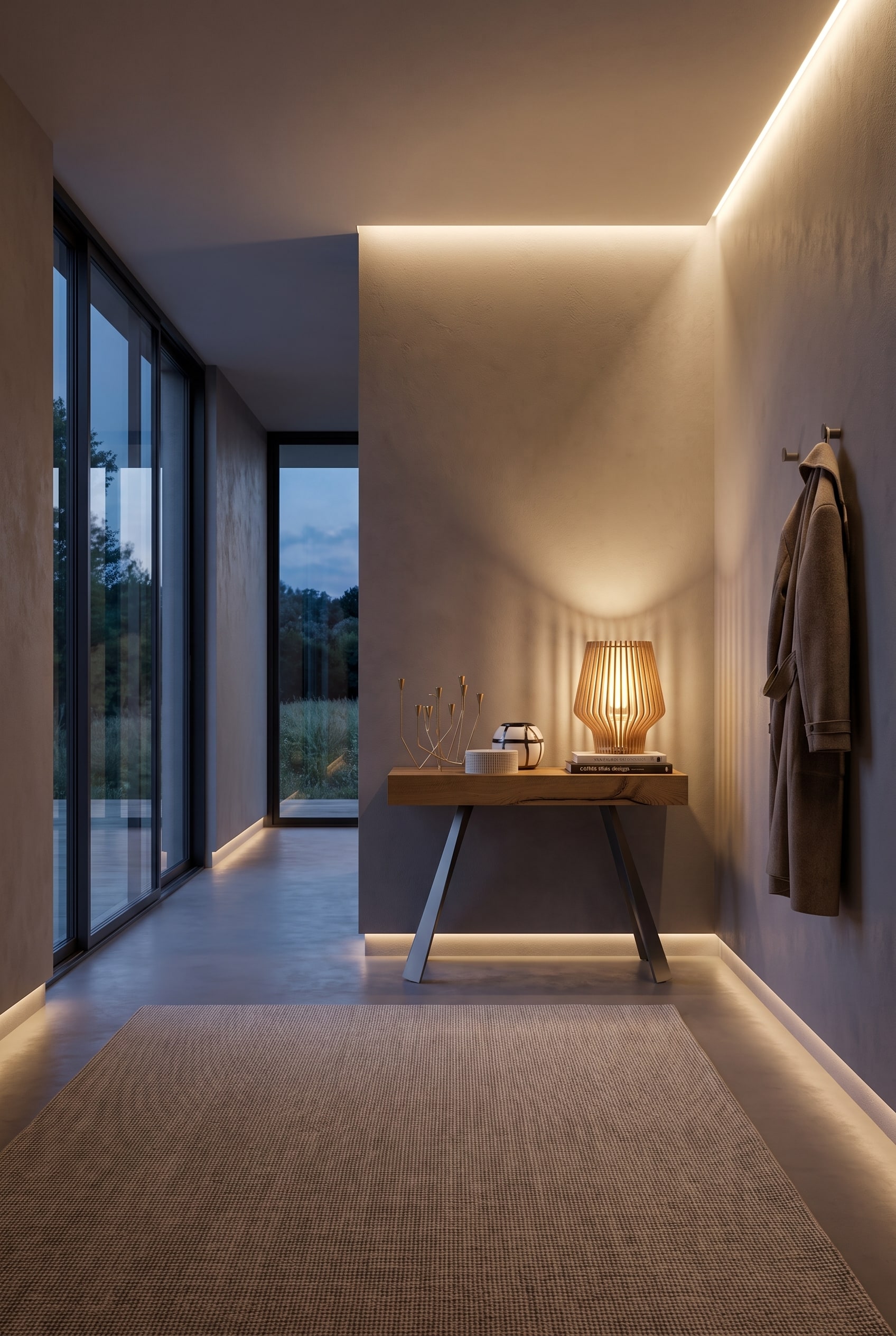 Moderne hal met houten lamellen tafellamp op een platte console, warm licht en designboek