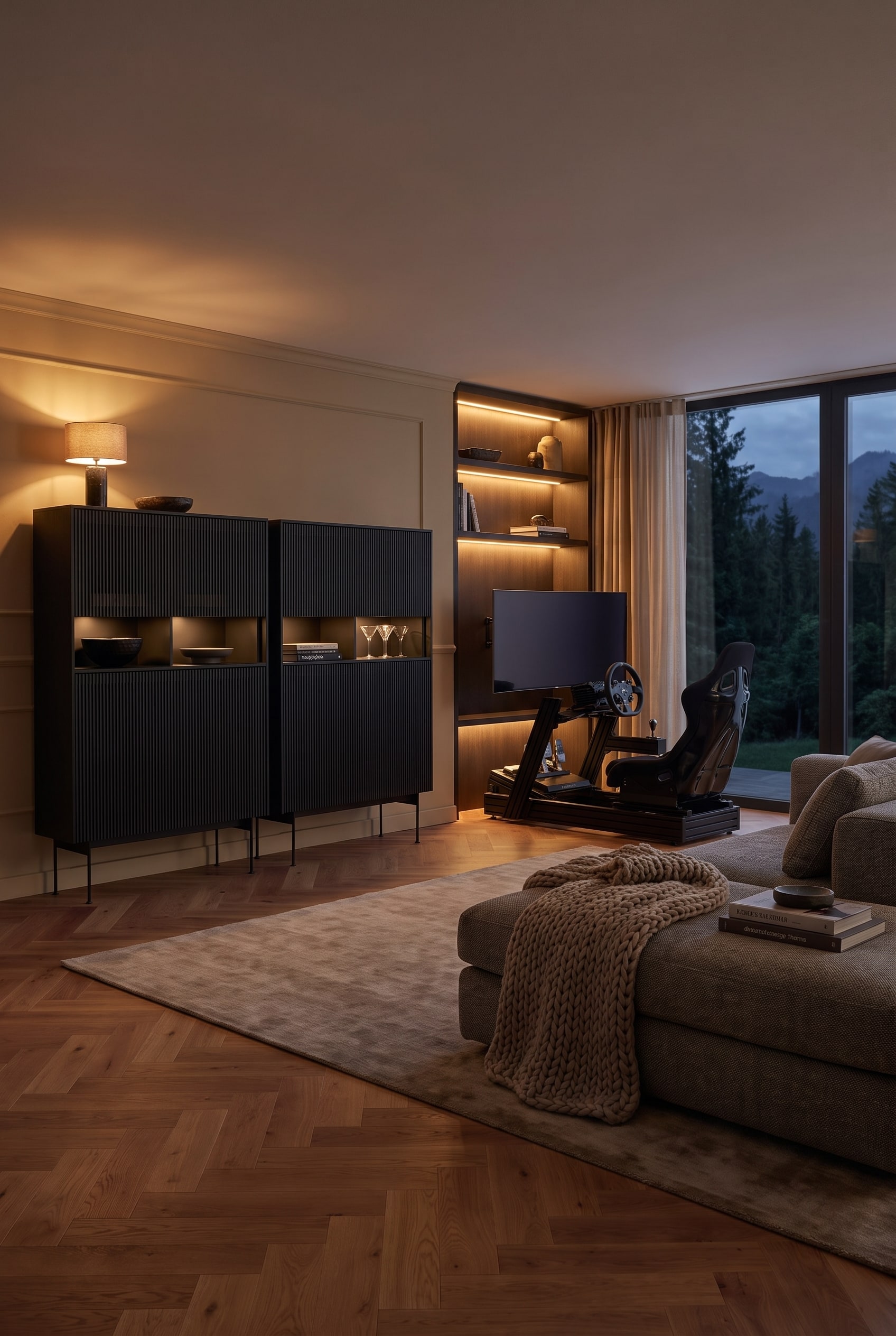Een hoog, elegant geribbeld highboard van walnoothout, waarvan de gesloten deuren enorme opbergruimte bieden voor omvangrijke gaming-hardware.