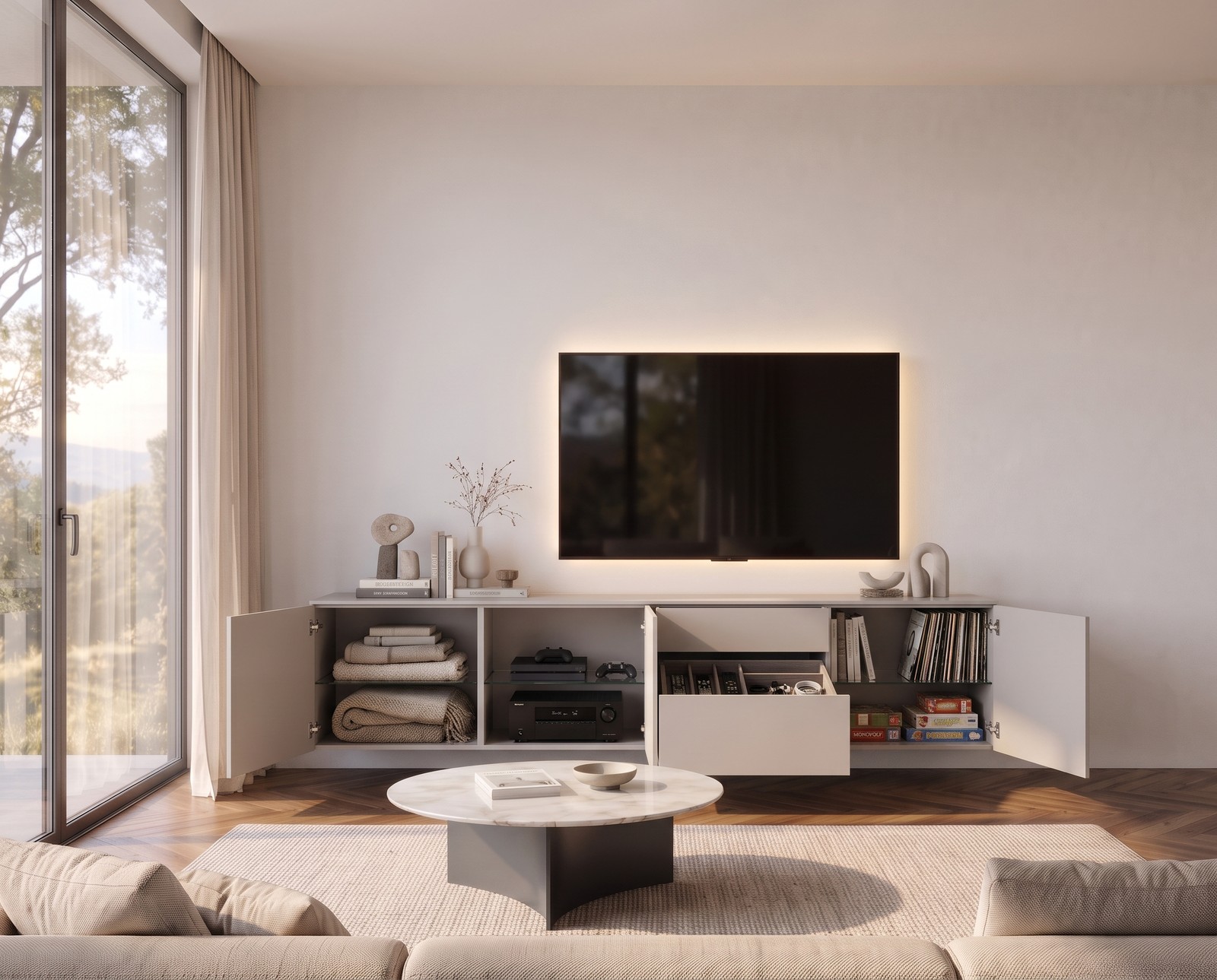 Spaziora TV sideboard W 240 cm in matt light grey with open doors Spaziora TV sideboard W 240 cm in matt light grey with open doors