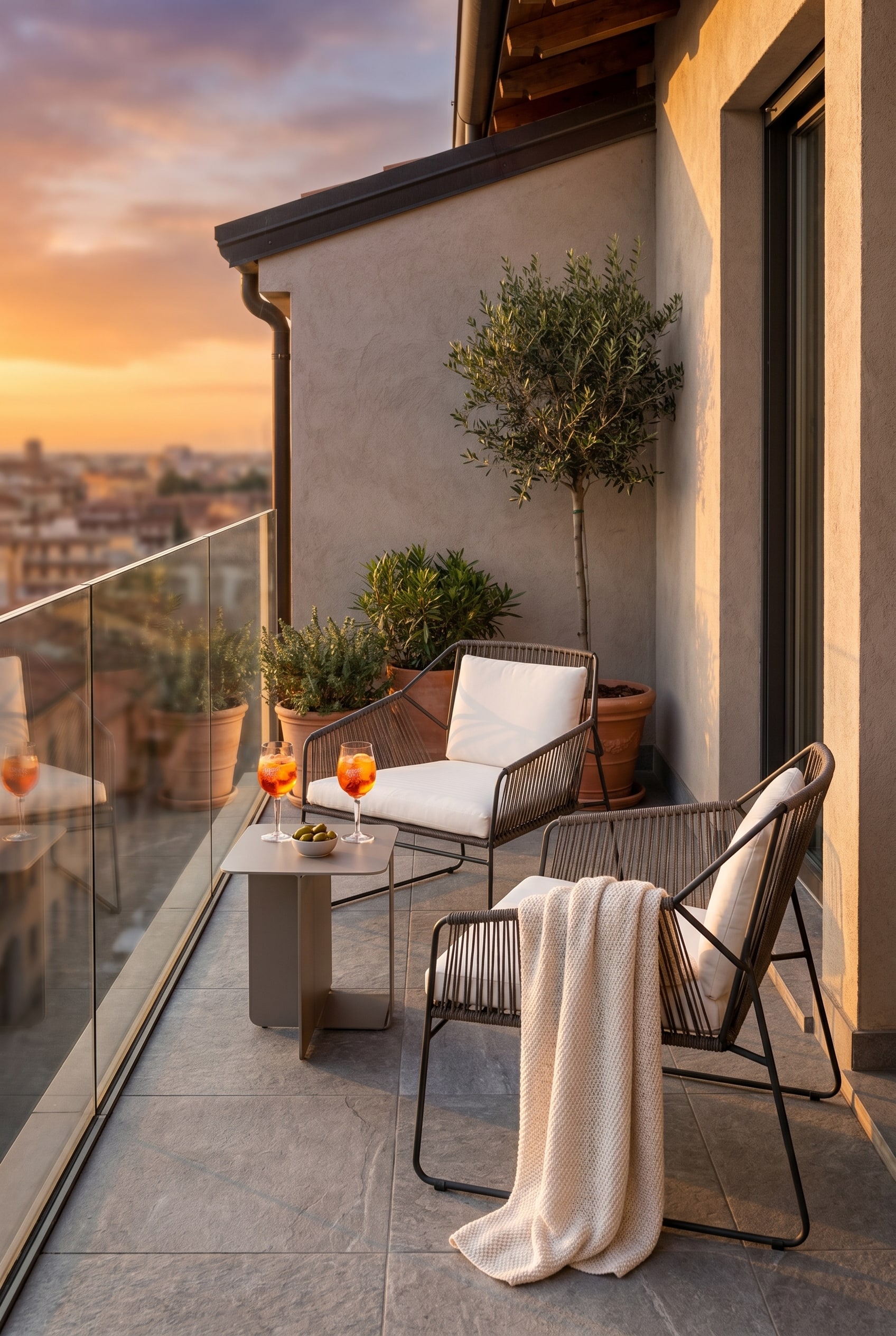 Balcone moderno con una poltrona grigia in acciaio inossidabile e intreccio di corde con cuscino bianco davanti a una ringhiera di vetro