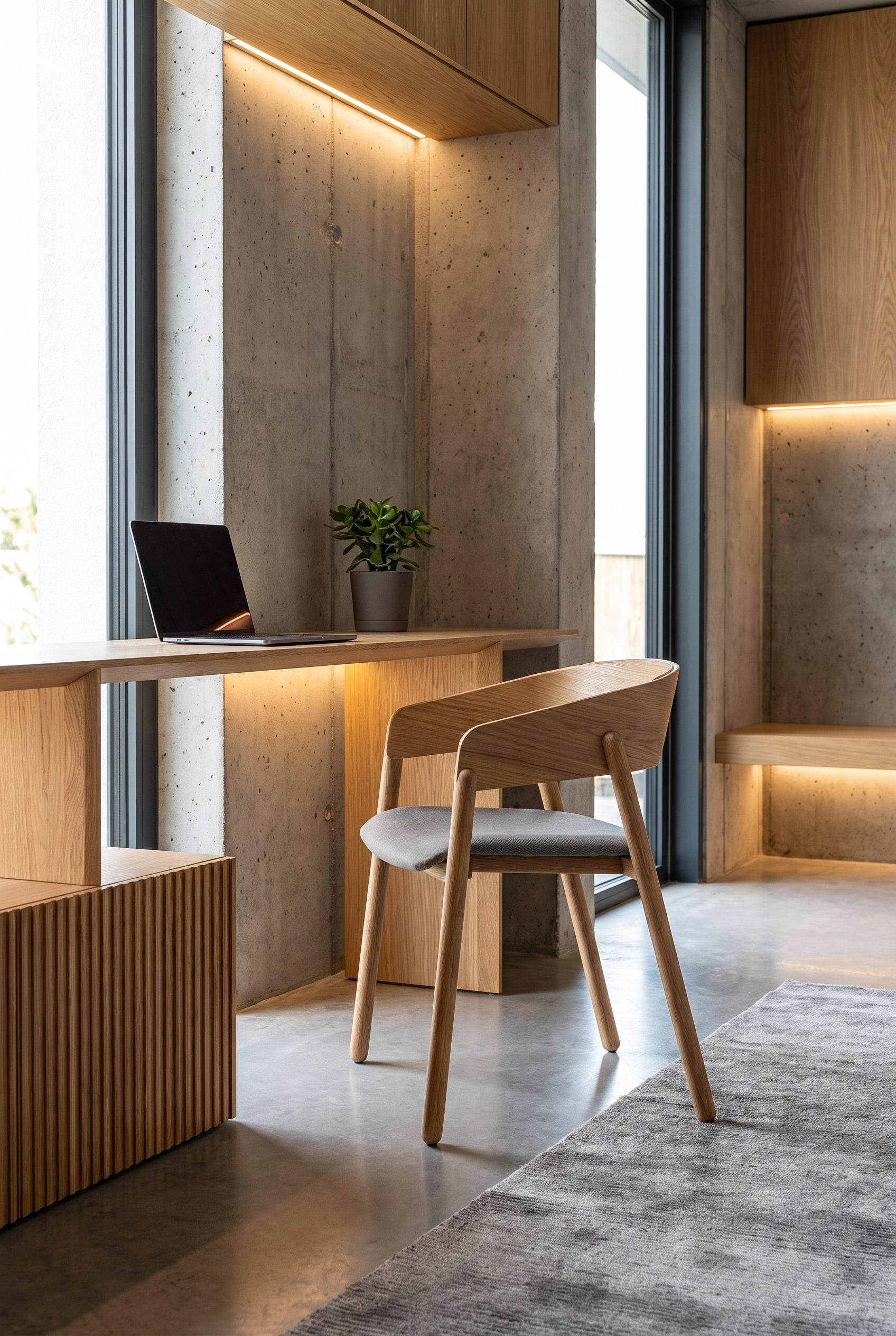 Moderne lichte ruimte met zichtbetonnen wand en massiefhouten stoel in eikenhout aan het bureau