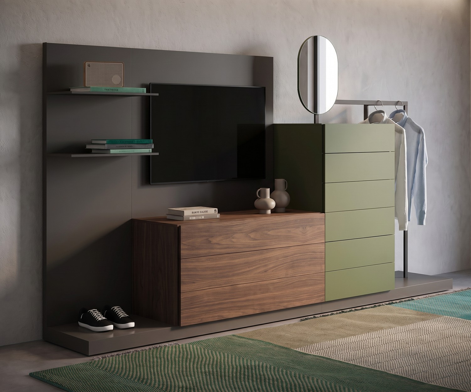 Novamobili Easy 9 chest of drawers with wardrobe and TV panel in a bedroom. Olive green and wood modular storage system.