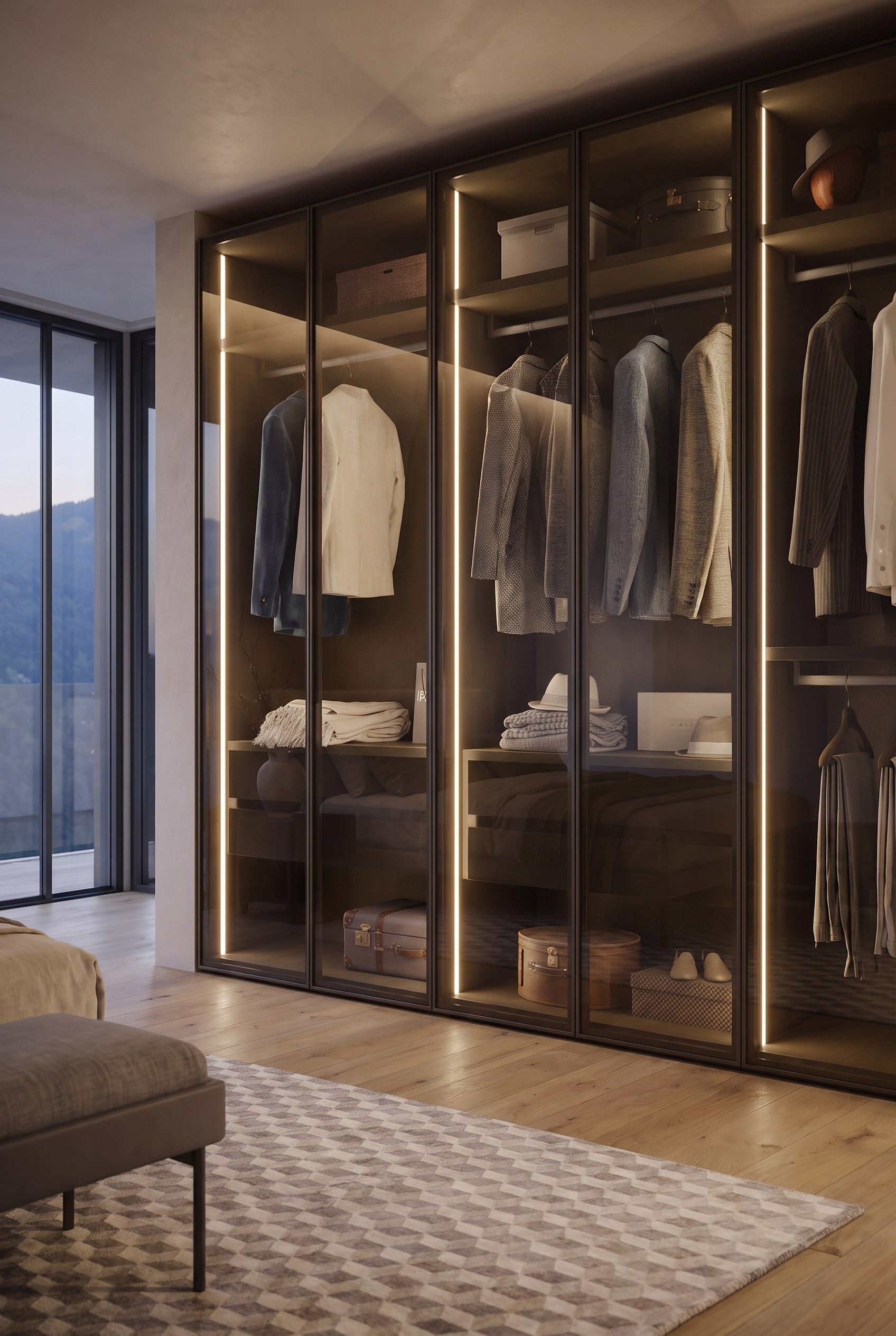 Wardrobe behind tinted glass, illuminated by vertical, warm white LED strips in the Novamobili Perry System.