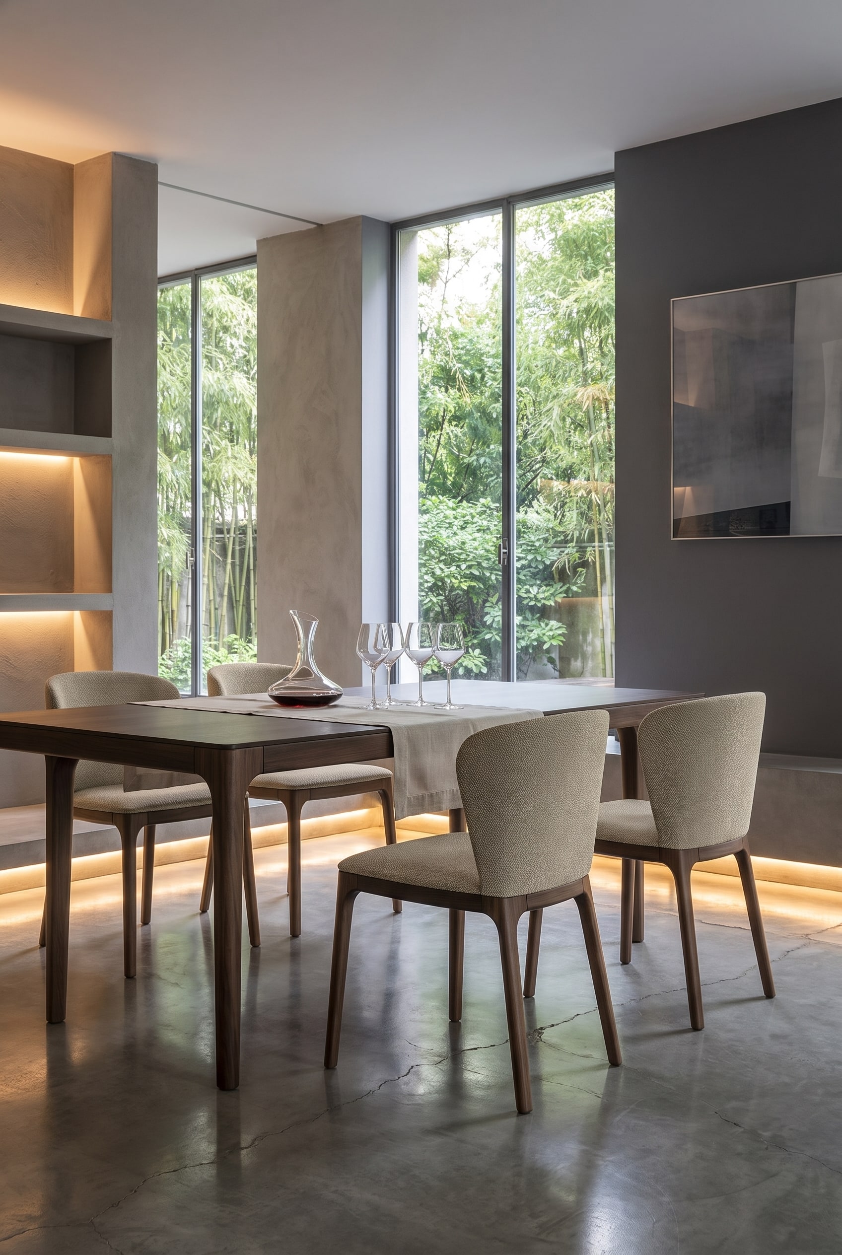 Moderne eetkamer met een royale houten tafel en gestoffeerde donkerblauwe Novamobili Navy stoelen, die een lounge-karakter uitstralen.