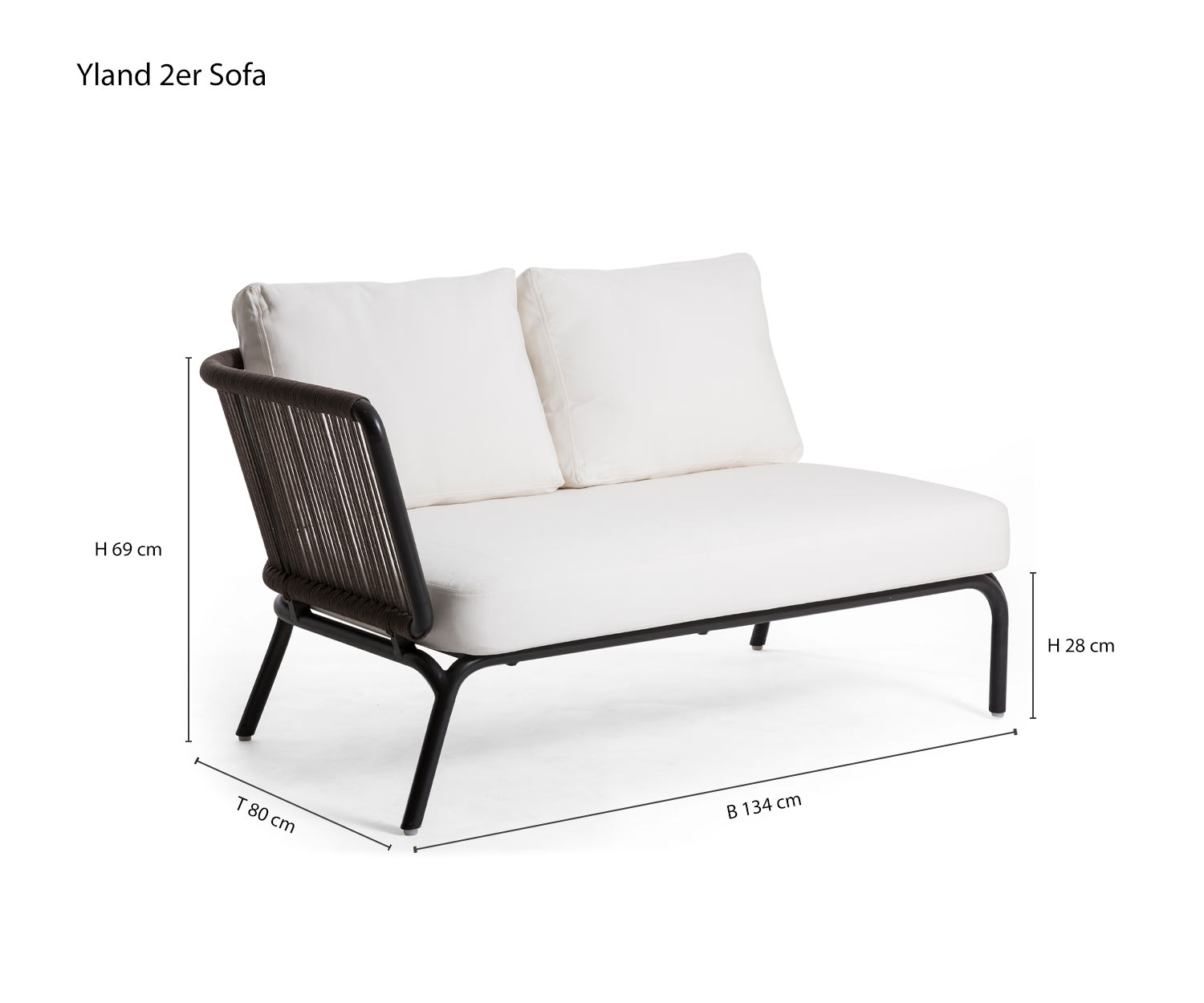 Yland Designer 2er Sofa für den Garten von Oasiq Größen Skizze Größenangaben Maße