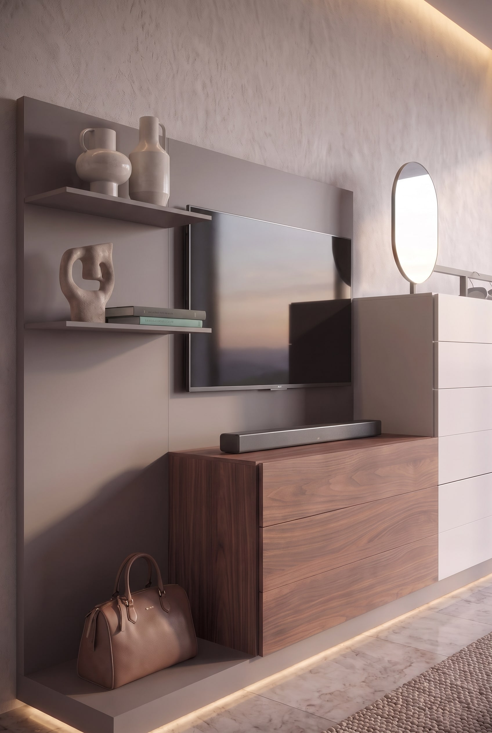Detailopname van een tv-paneel met soundbar, daarnaast twee legplanken met decoratieve vazen en een sculptuur.