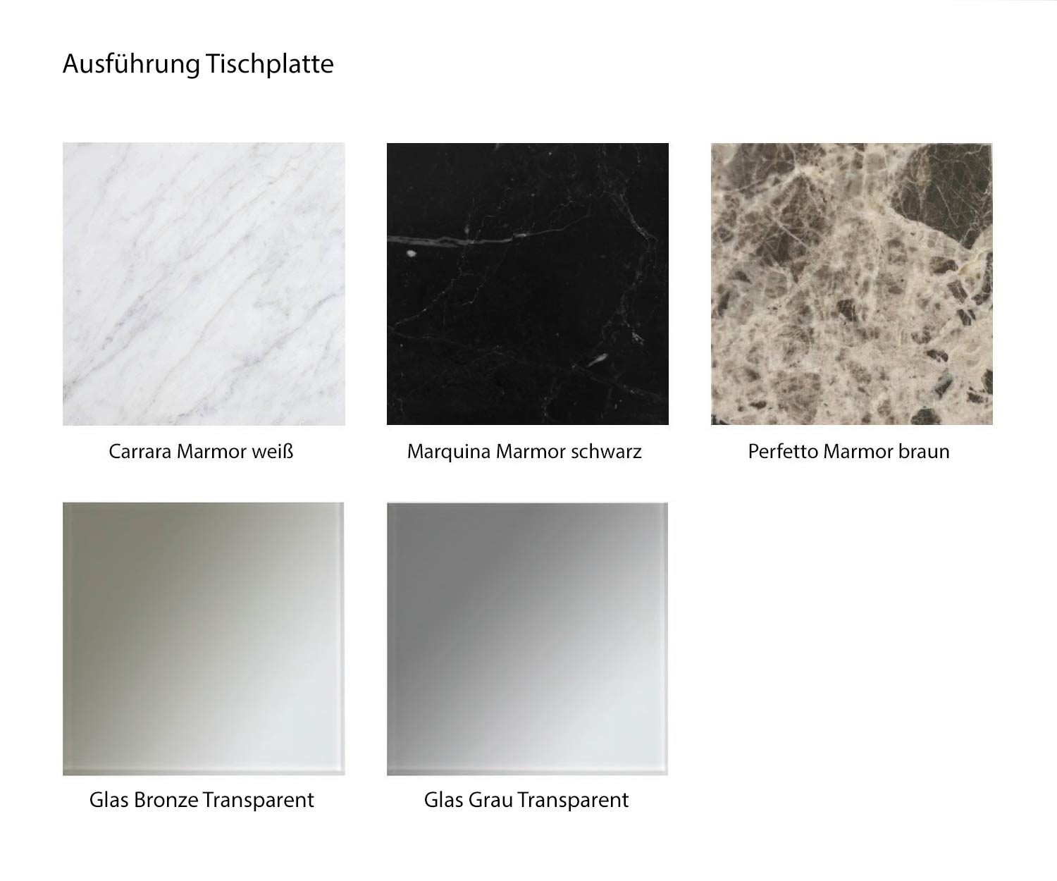 Colour overview marble types Marquina Carrara Perfetto and glass version