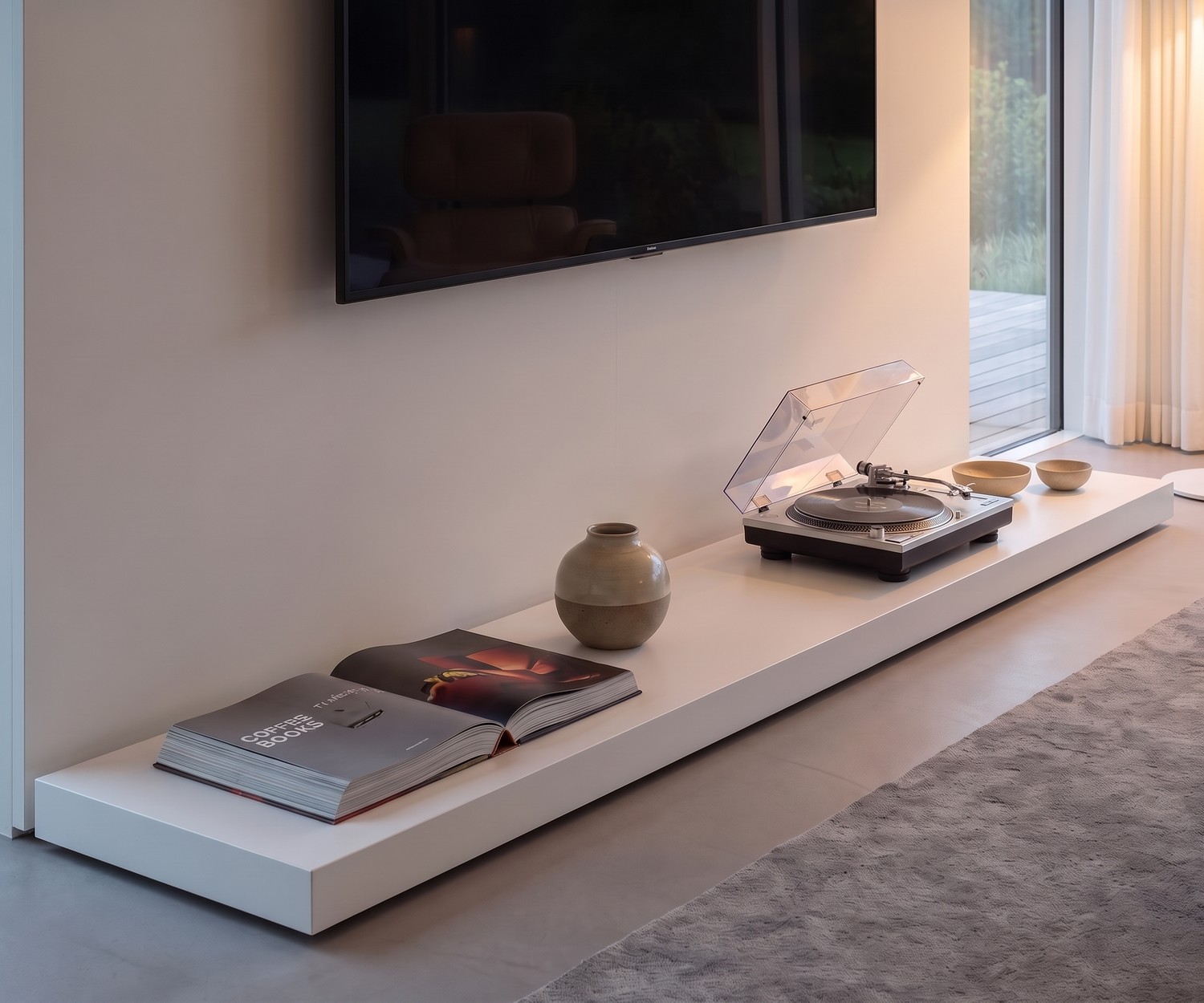 Livitalia Easy TV plinth bench in matte white for minimalist living rooms, low modern design platform.