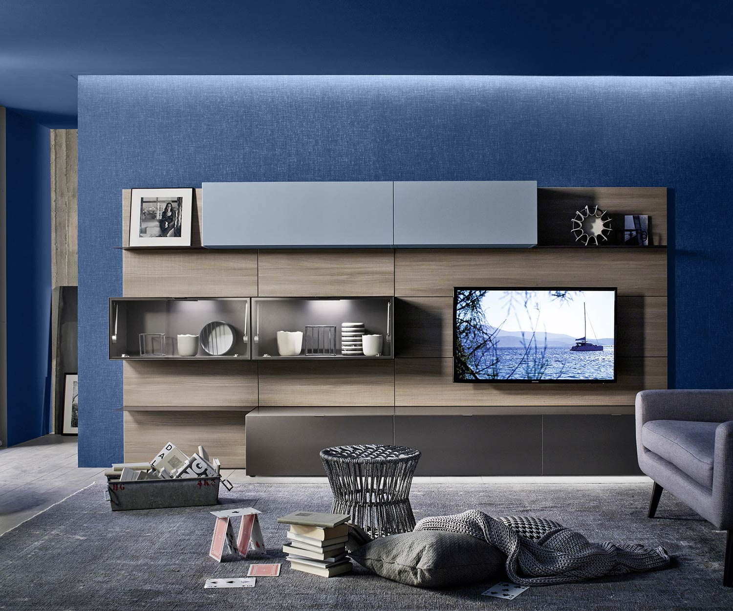 Exclusive Livitalia Design wall unit C36 with glass cabinet and TV wall panel