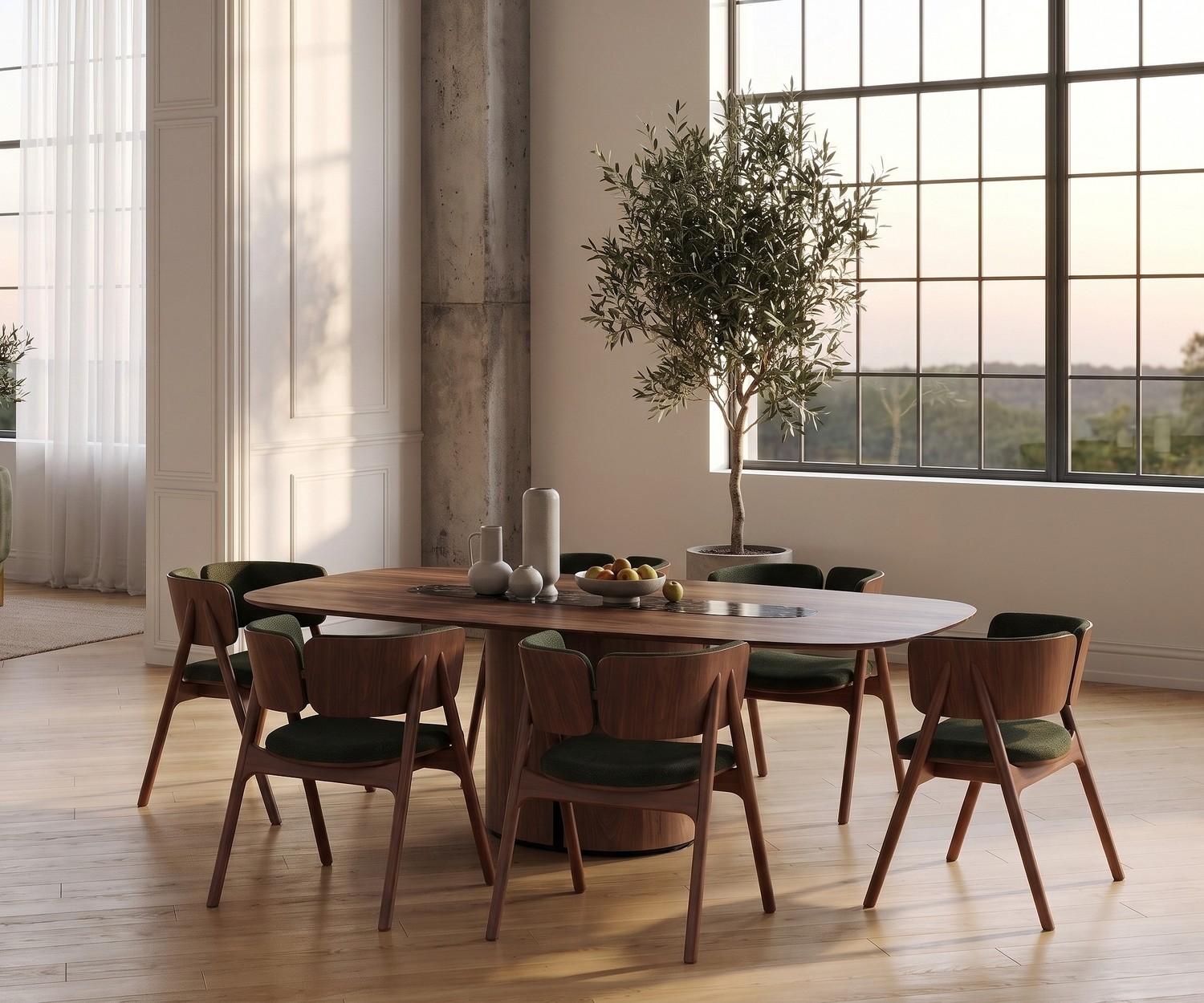 Dining table al2 el-it c 001 with dark ceramic top and wooden base in a minimalist, bright dining room.