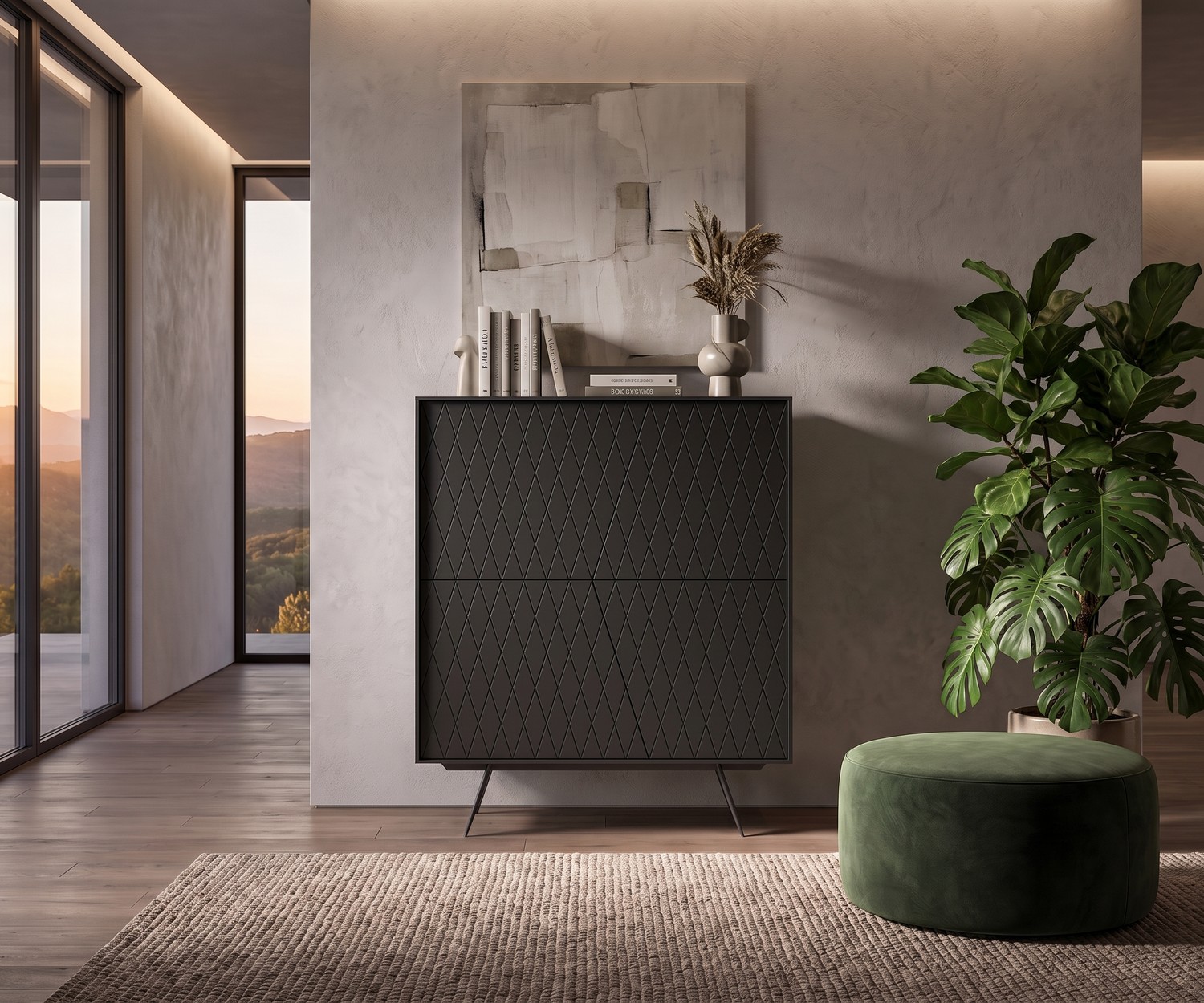 al2 e-klipse 009 Highboard fürs Schlafzimmer in Weiß mit modernem Rautenmuster und filigranen Beinen.
