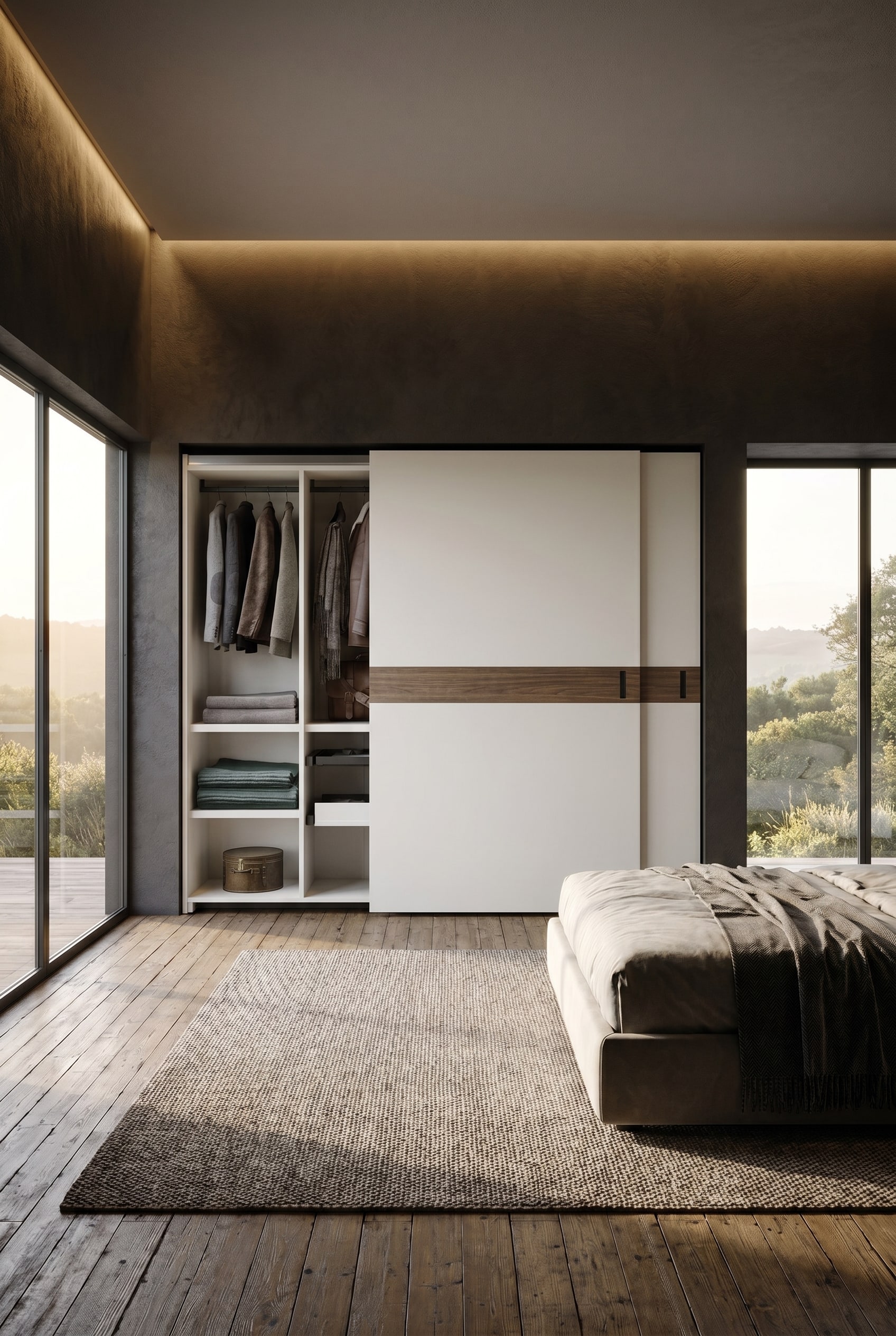 Camera da letto luminosa con un grande armadio bianco con ante scorrevoli, che presenta un inserto orizzontale in legno, su pavimento in assi rustiche