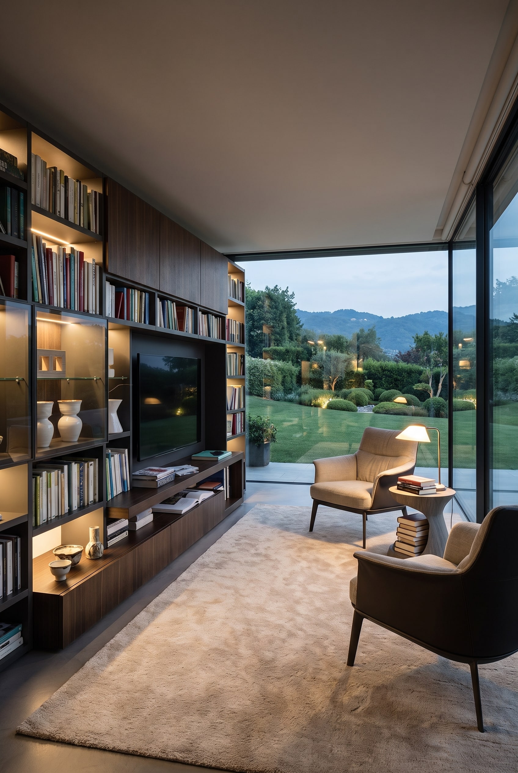 Biblioth&egrave;que priv&eacute;e &agrave; domicile avec une grande &eacute;tag&egrave;re &agrave; livres sombre, des livres empil&eacute;s et un fauteuil de lecture gris