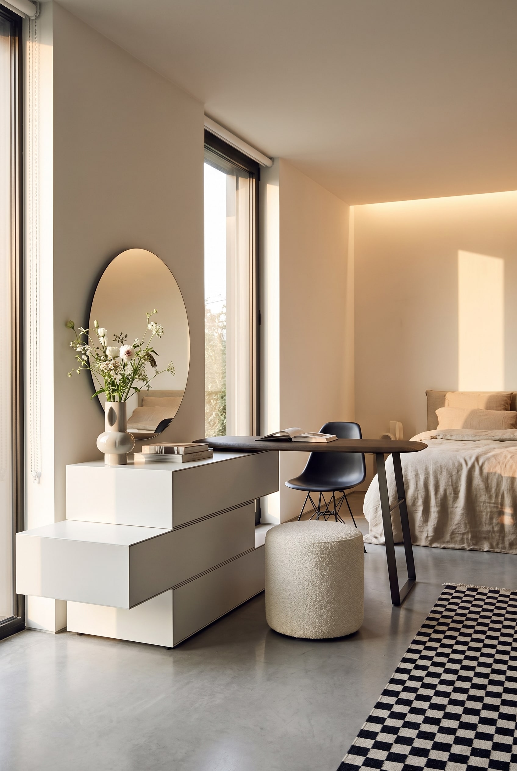 Luxuriöses Schlafzimmer mit einer Kombination aus Holz-Schminktisch, flachen Schubladen, einem runden Spiegel, einem gepolsterten Pouf und einer Keramikvase mit Blumen.