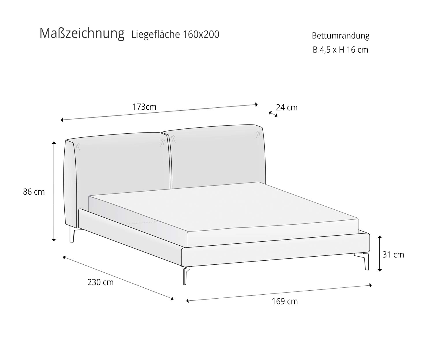 Margot Design Bett von Novamobili Skizze Maße Größen Liegefläche 160x200 Liegefläche