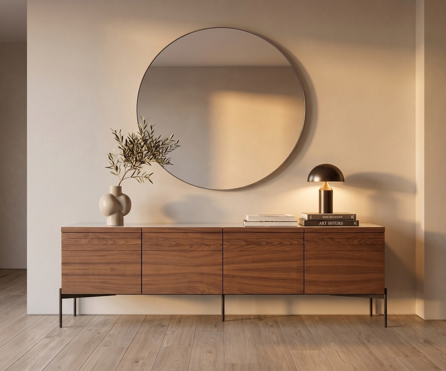al2 o-rizon 003 modern wooden sideboard al2 o-rizon 003 wooden design sideboard with 4 doors for living room storage, modern style with a round wall mirror.