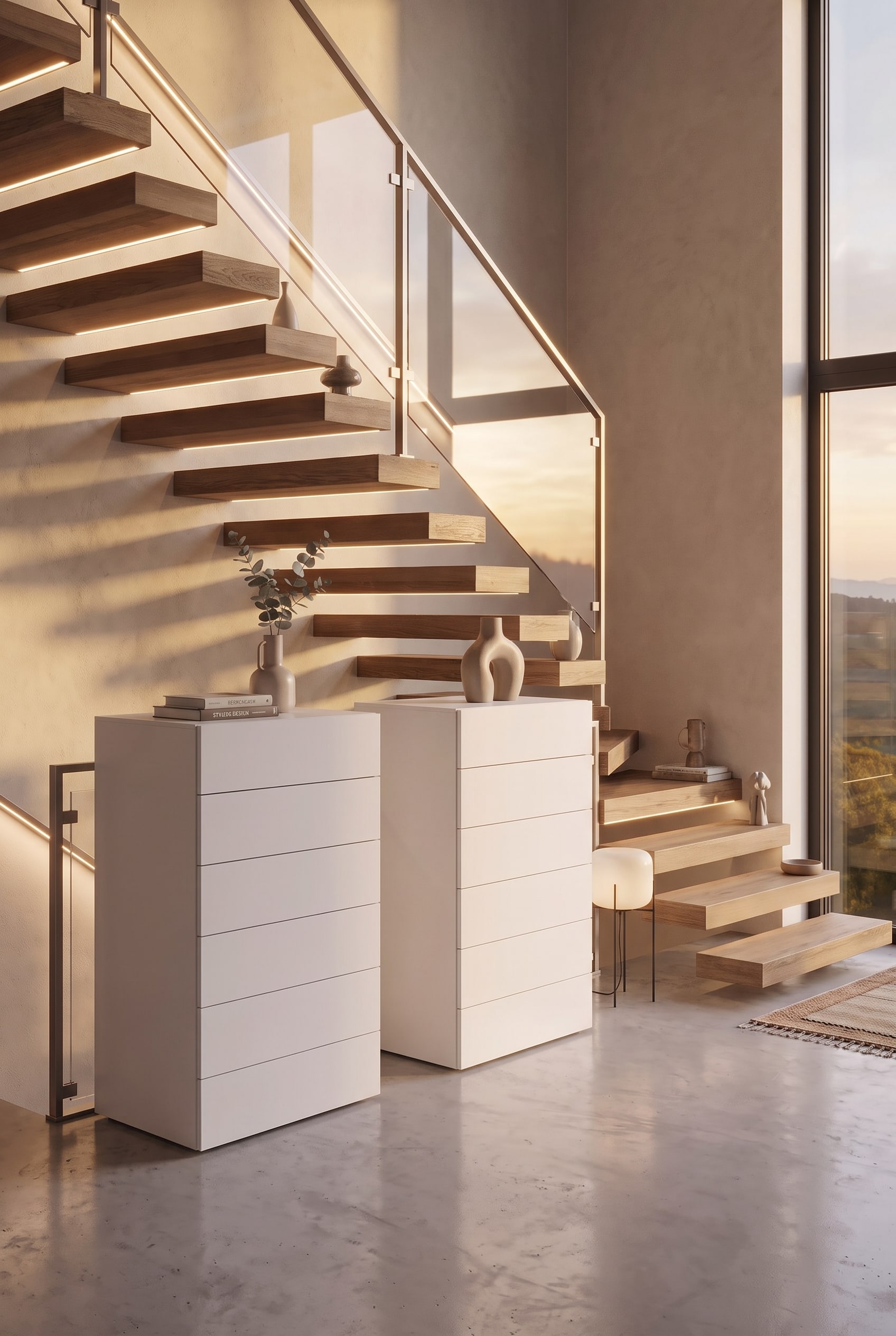 Een minimalistische, elegante hoge ladekast geplaatst in een moderne trappenhuisnis voor maximale opbergruimte.