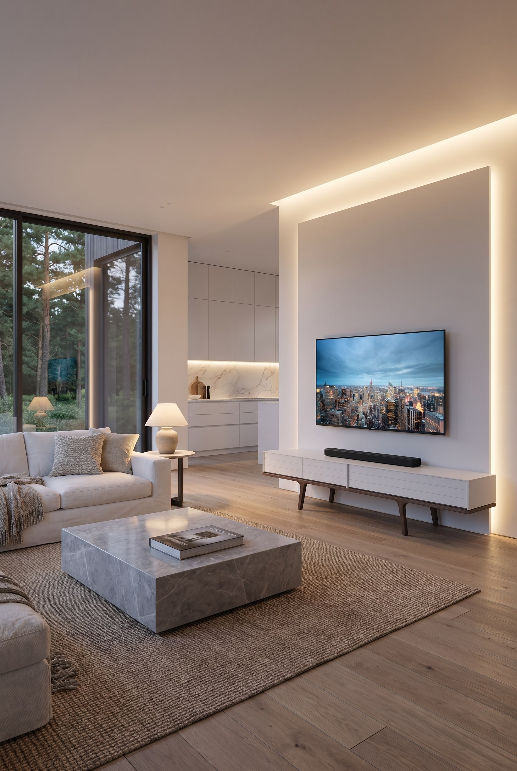 Ein extrem breites, griffloses Lowboard mit durchgehenden waagerechten Linien, das den Wohnraum optisch streckt Ein extrem breites, griffloses Lowboard mit durchgehenden waagerechten Linien, das den Wohnraum optisch streckt