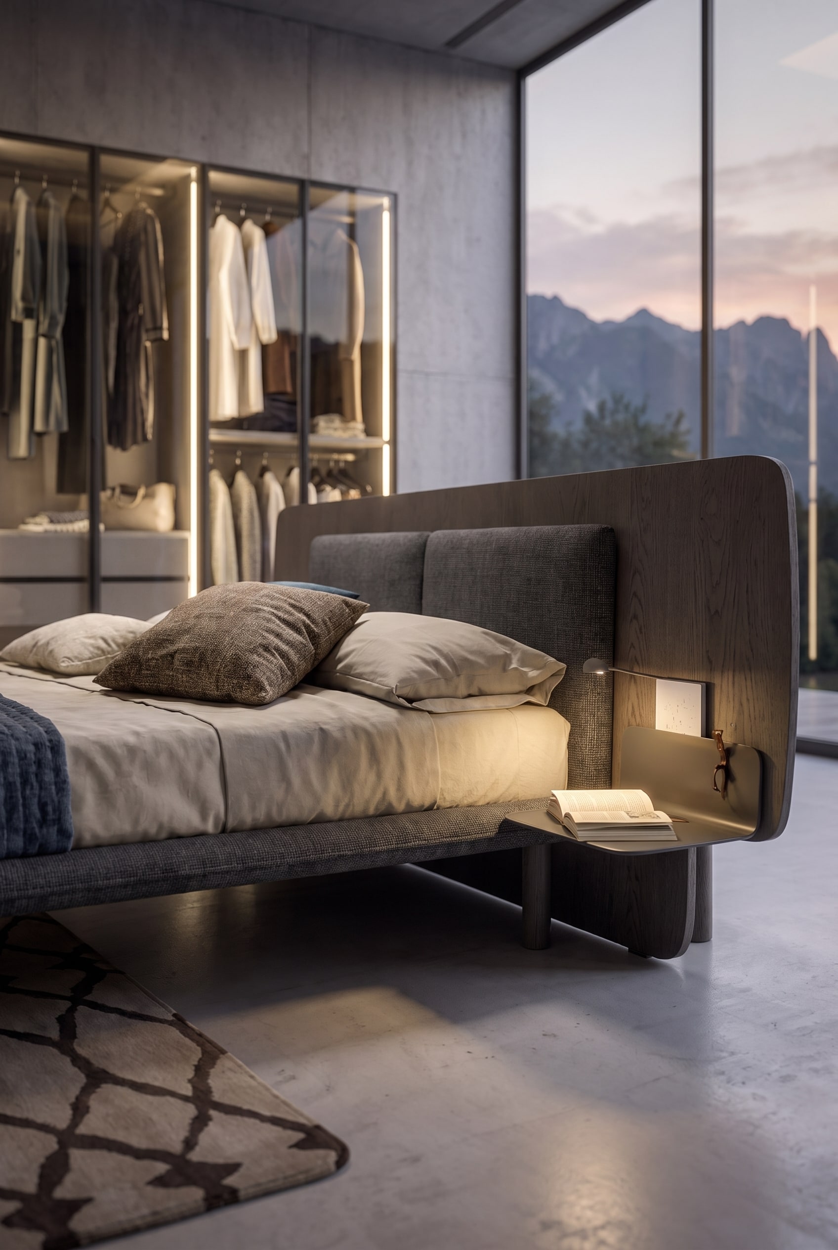 Letto con testiera in legno sporgente e comodino integrato, sullo sfondo un armadio in vetro sfocato.