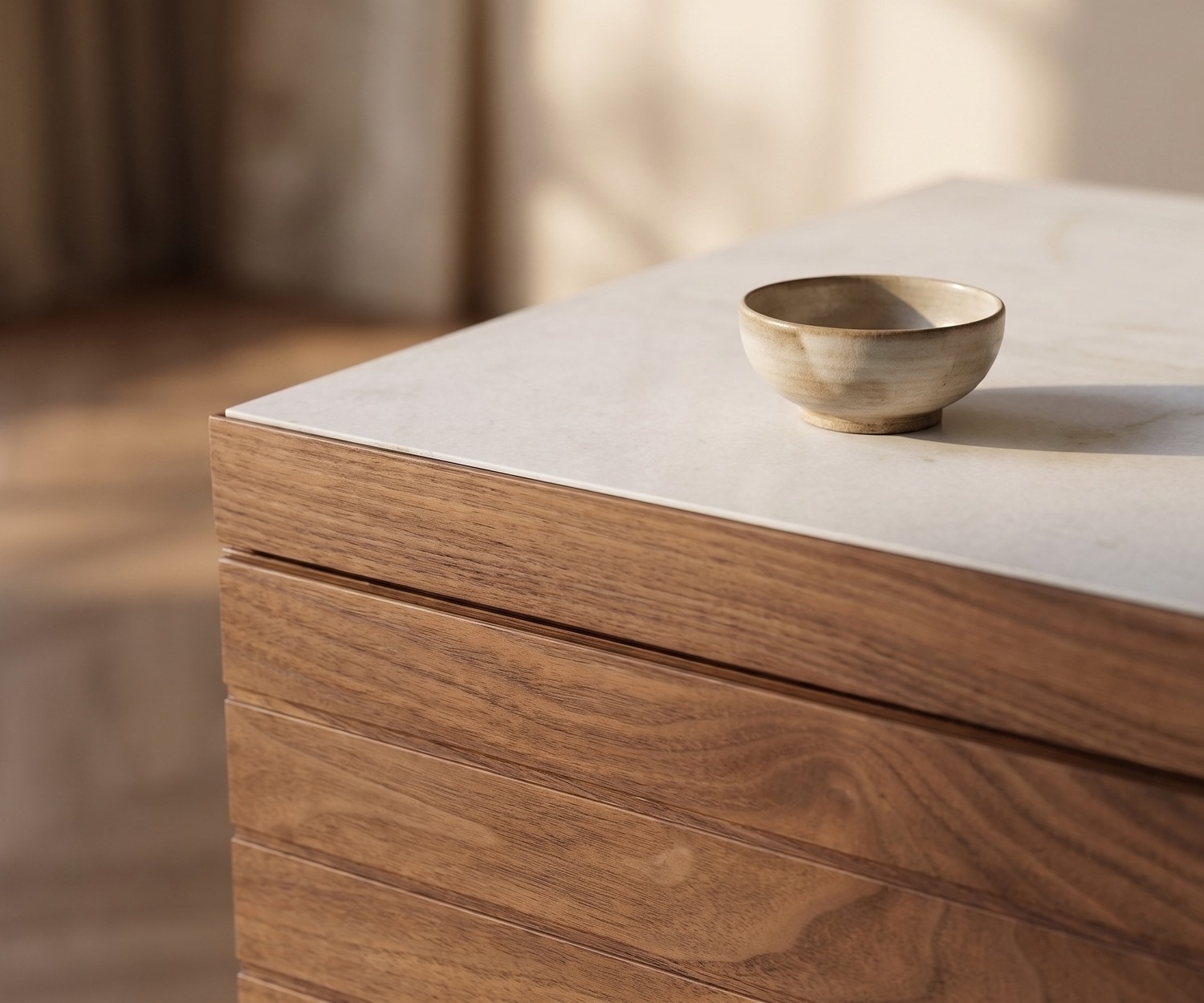 al2 o-rizon 003 wooden designer sideboard al2 o-rizon 003 living room sideboard in wood with elegant marble top in a minimalist, warm sunlit interior.