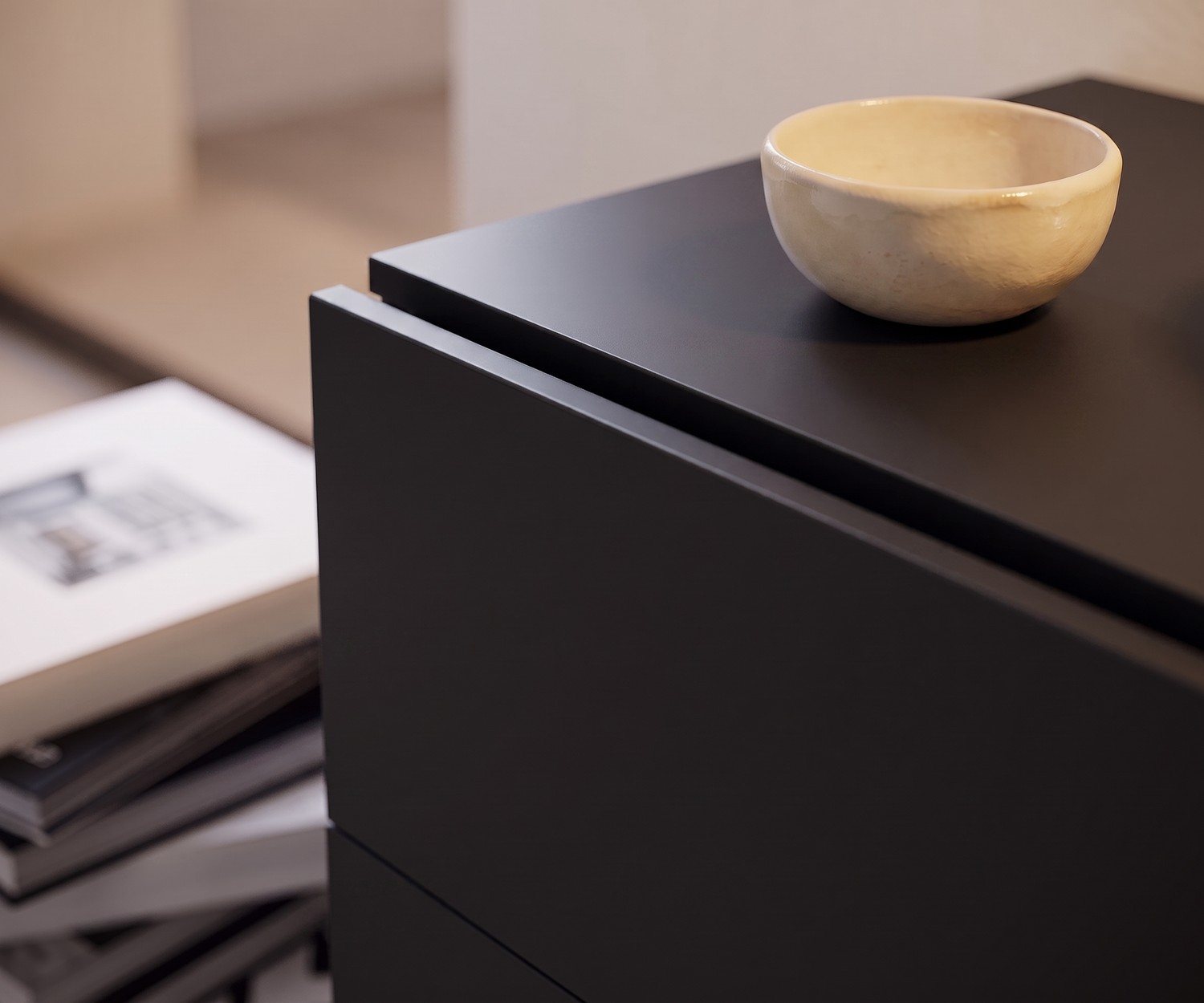 Novamobili Hängekommode Easy im Detail Hängekommode fürs Schlafzimmer Novamobili Easy in Anthrazit, Detailaufnahme mit Deko-Schale im modernen Design.