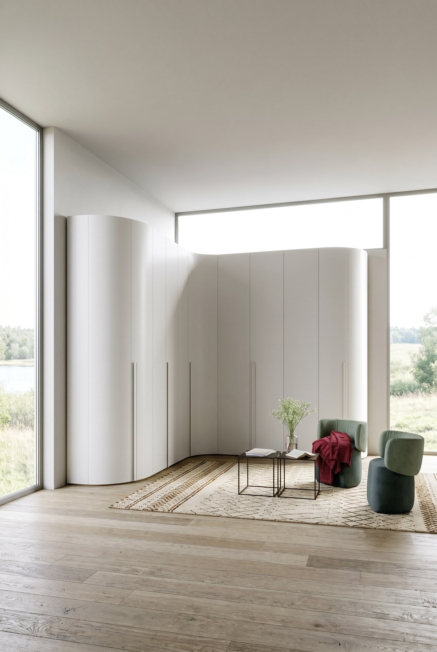 Minimalistische witte hoekkast met gebogen afsluitmodule in een moderne slaapkamer met kamerhoge ramen