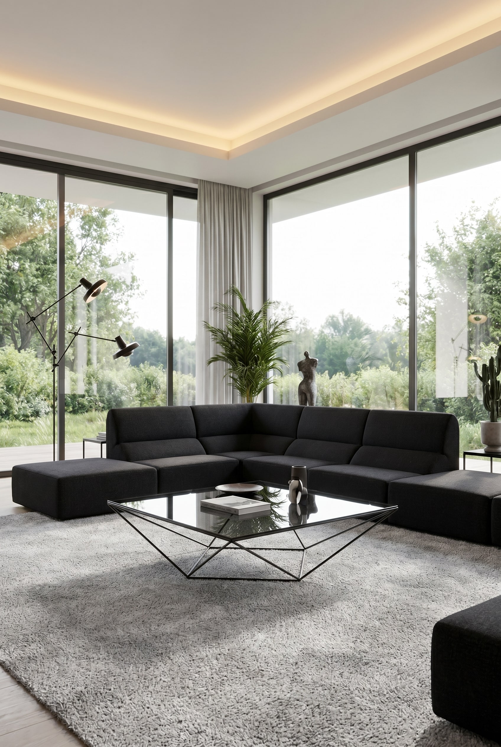 Moderne woonkamer met beigekleurige stoffen bank en een minimalistische salontafel met een polygoon zwart metalen onderstel