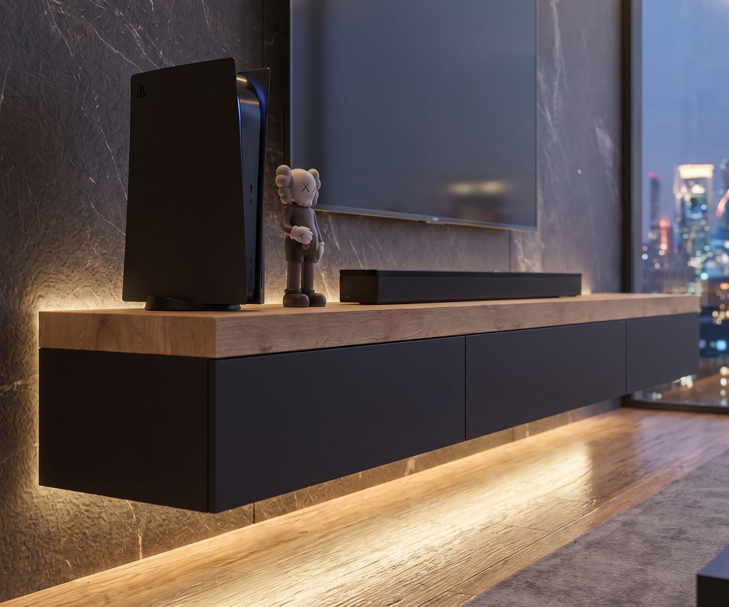 Hängendes Livitalia Lowboard mit dicker Holzplatte Lowboard im Wohnzimmer: Hängendes Livitalia Lowboard mit dicker Holzplatte und dunkler Front in modernem Gaming-Wohnzimmer