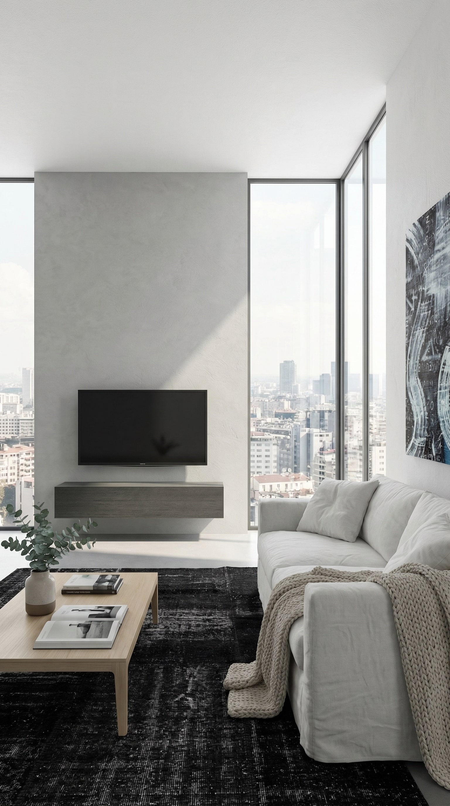 Kompaktes, schwebendes Holz-Lowboard in grau in einem gemütlichen, kleinen urbanen Wohnzimmer. Kompaktes, schwebendes Holz-Lowboard in grau in einem gemütlichen, kleinen urbanen Wohnzimmer.