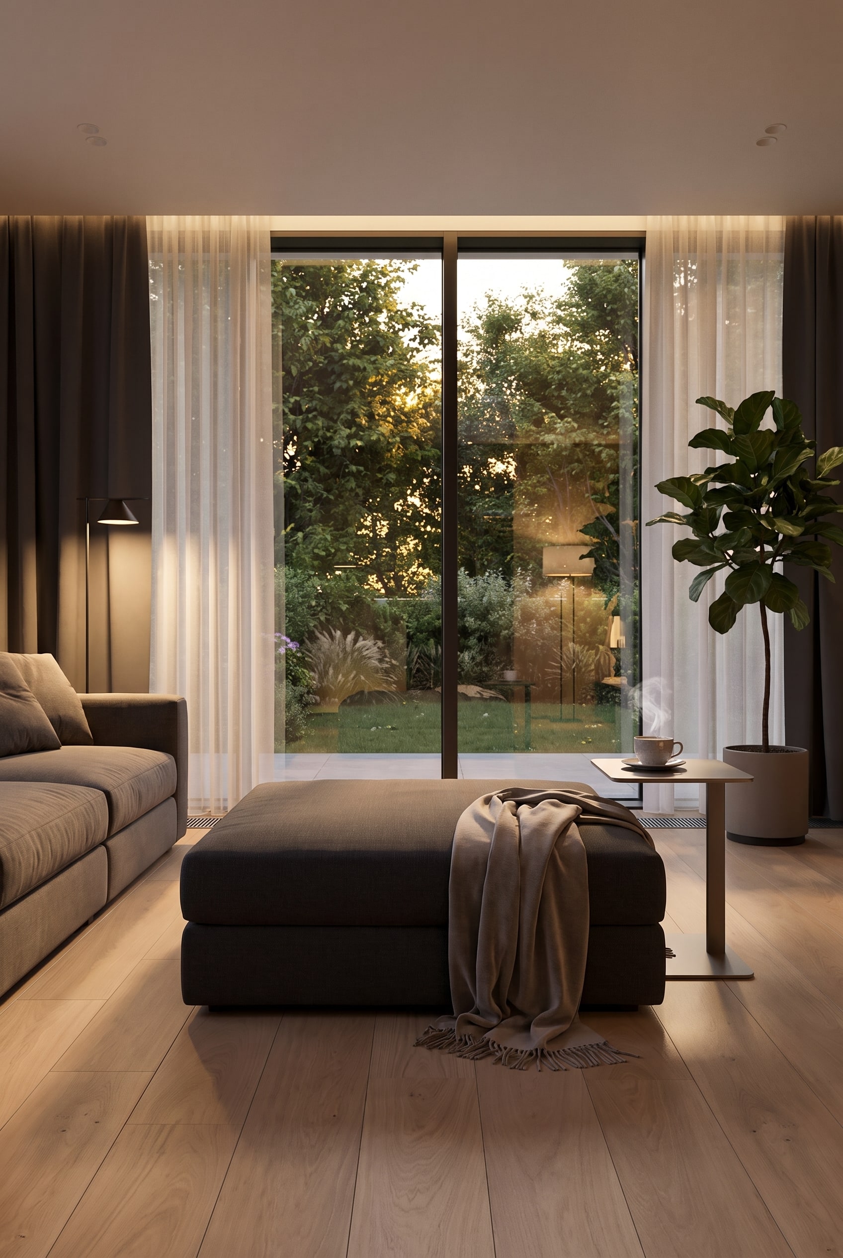Lounge area with a puristic, square upholstered pouf in dark grey, placed as flexible seating in front of a window.