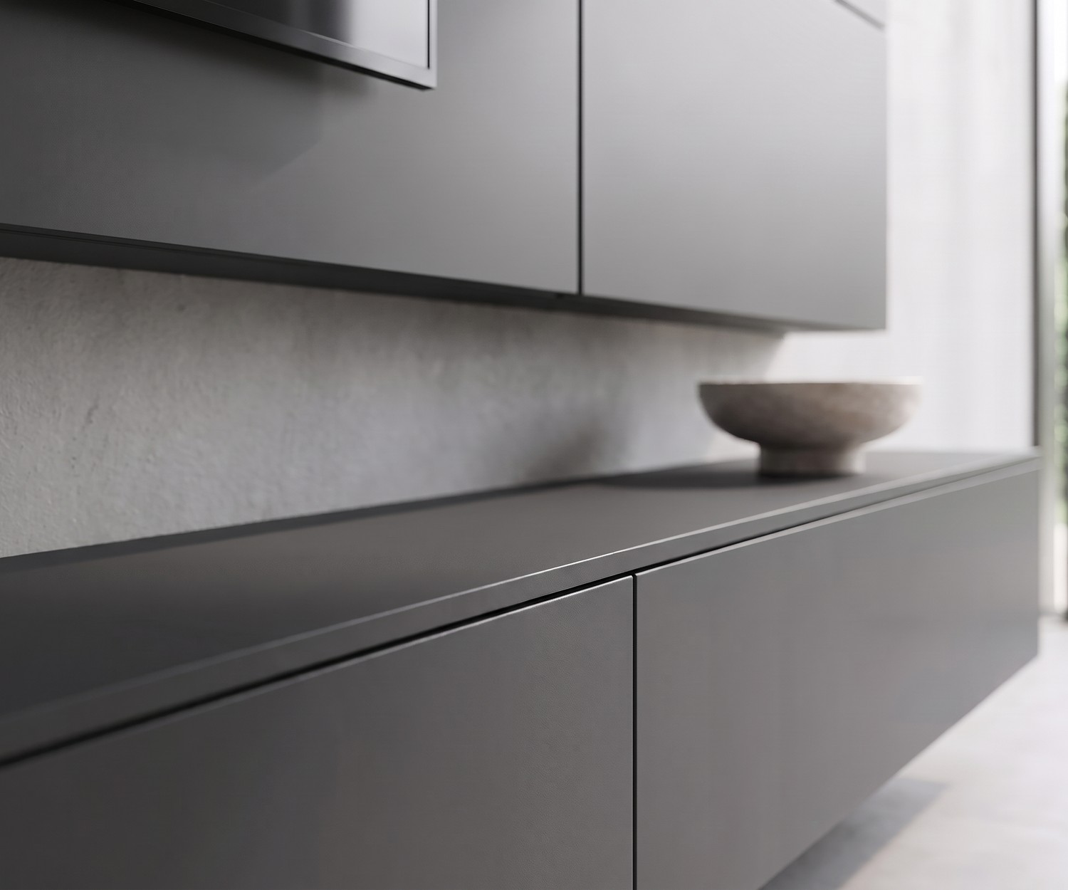Livitalia C102 TV wall unit: Floating lowboard cabinet in matte dark grey for a modern living room design.