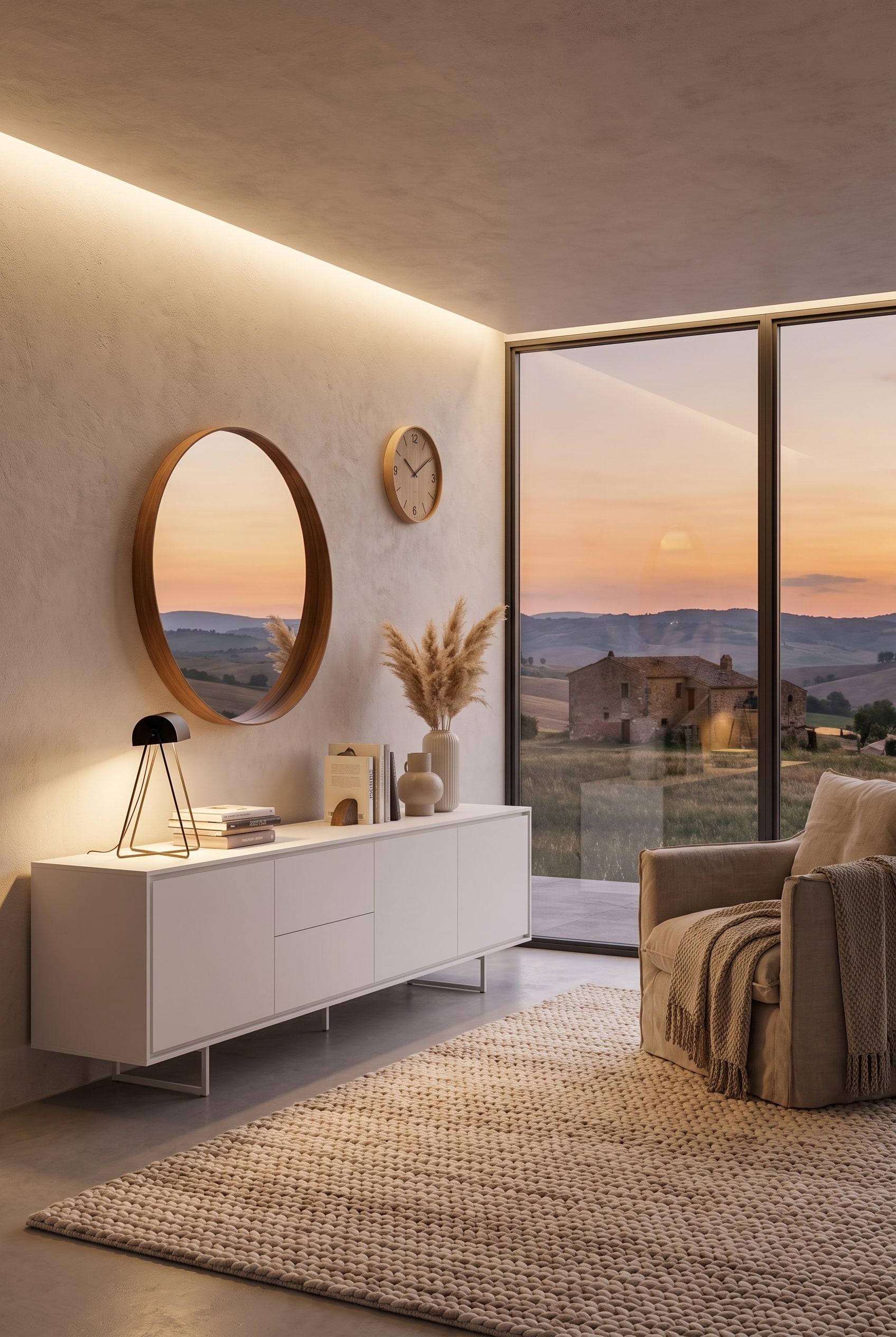 Soggiorno luminoso con sideboard Nolea senza maniglie in bianco opaco, parete libera e atmosfera rilassante e ridotta