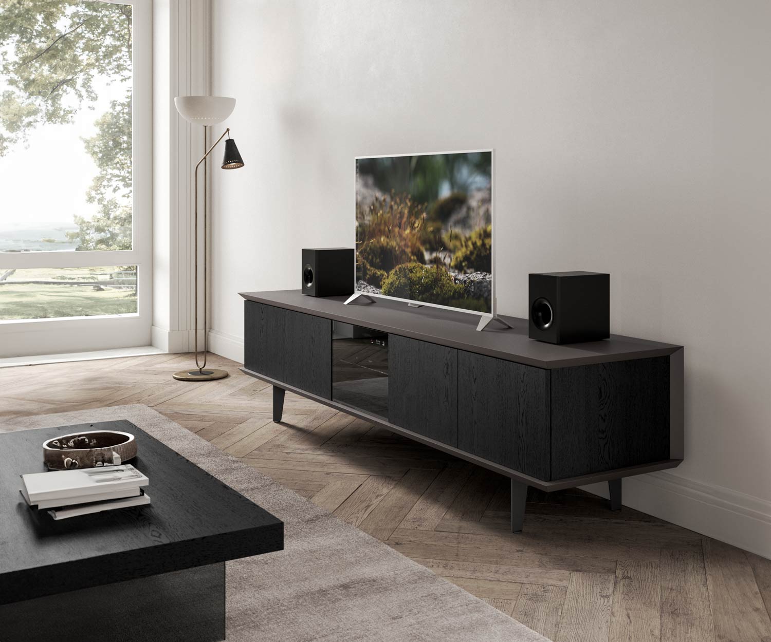 Flat TV furniture lowboard with glass door oak Carbone black Flat TV furniture lowboard with glass door oak Carbone black