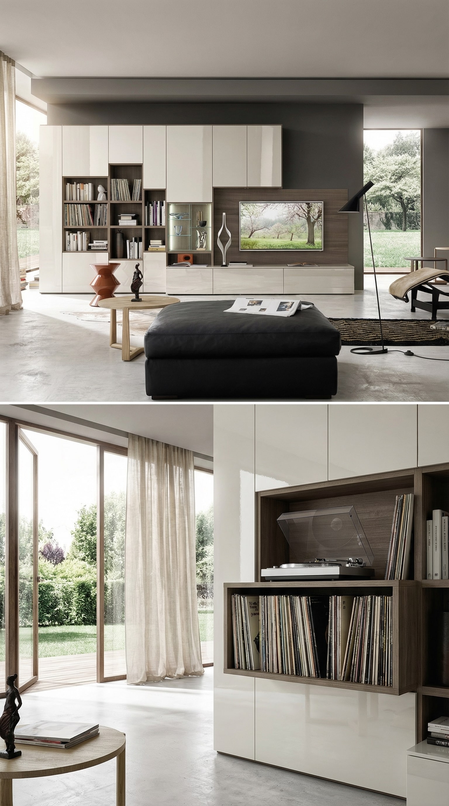 Modern living wall unit with integrated turntable and record storage Modern living wall unit with integrated turntable and record storage