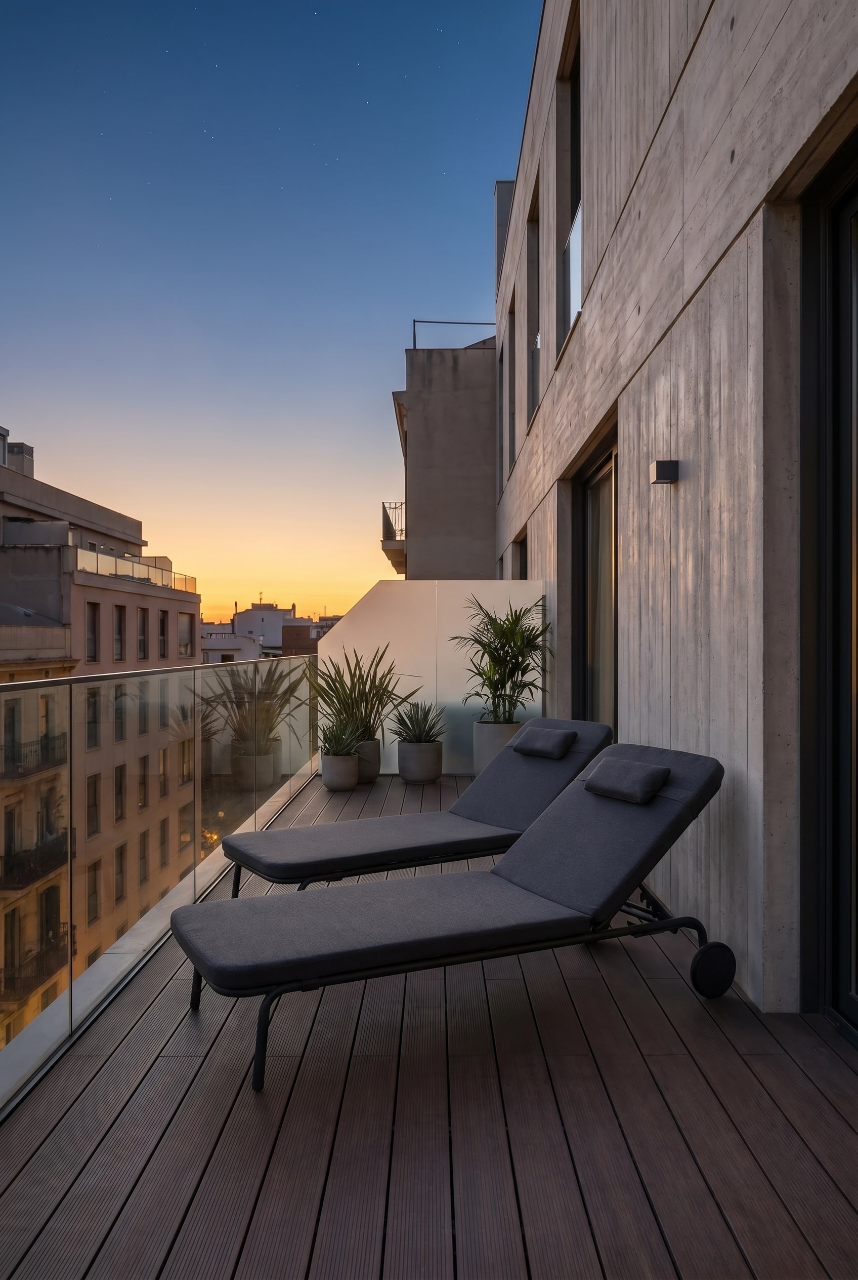 Lettino prendisole da esterno grigio scuro, minimalista, su ruote su un balcone con pavimento in legno sotto il cielo stellato serale